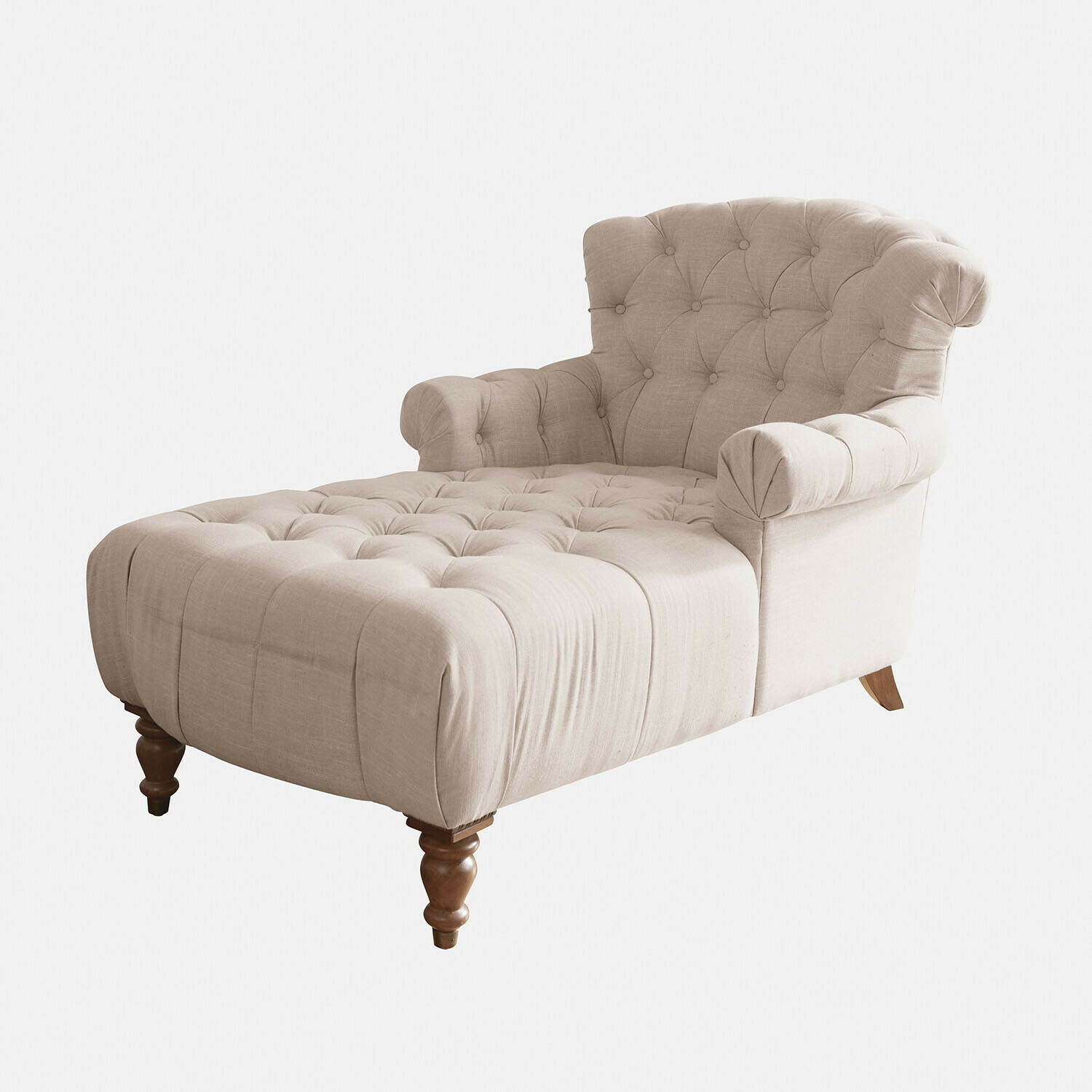 Chaise longue Springfield Village Chaise longue beige imbottita in tessuto con schienale capitonné e gambe in legno per soggiorno