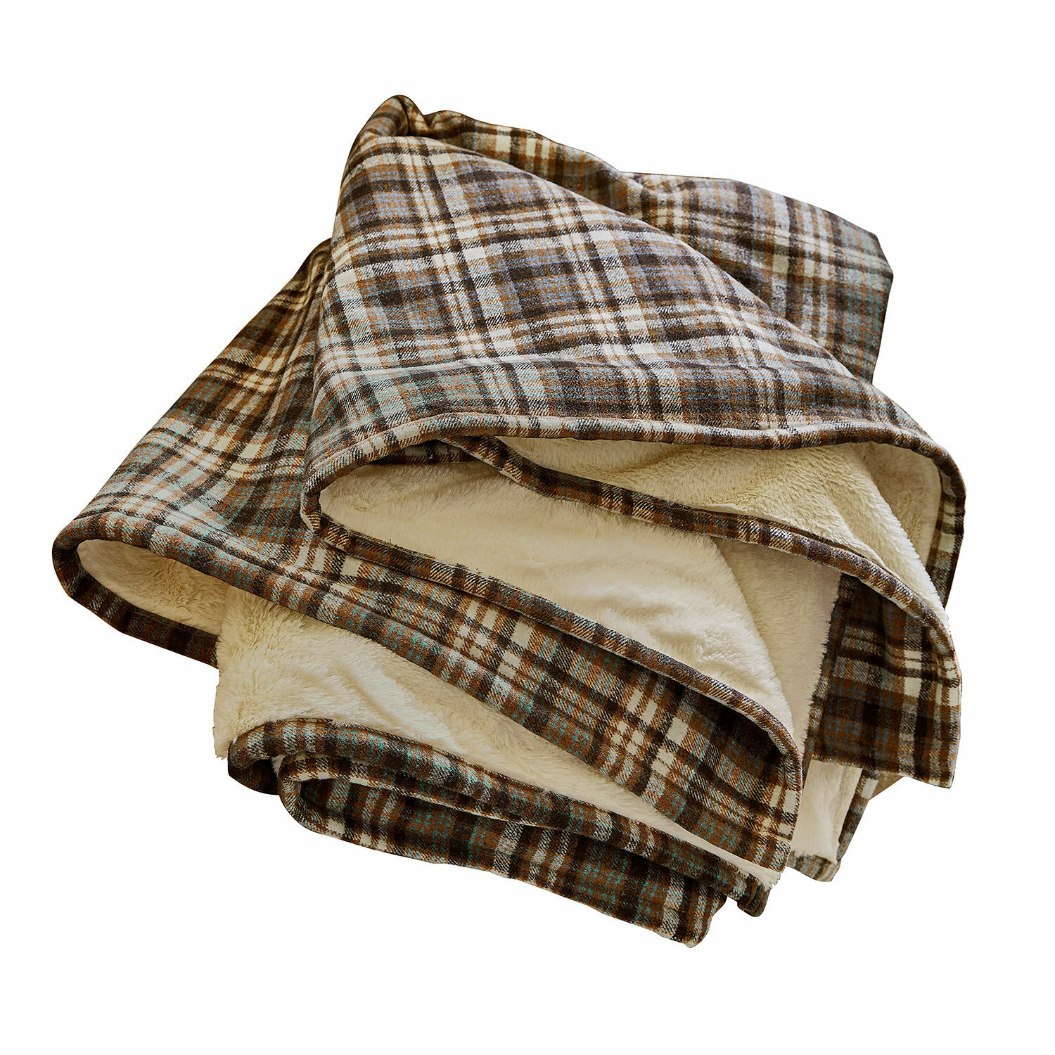Plaid Celestria Coperta morbida a quadri marroni con interno in pelliccia crema, ideale per giornate fredde