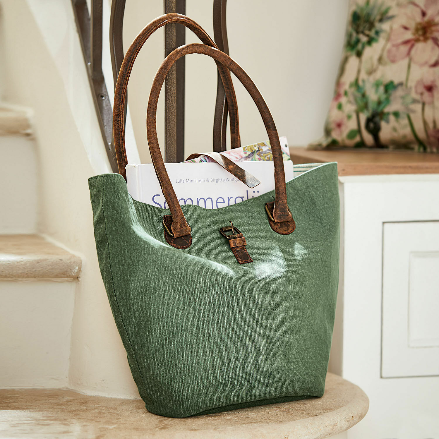Borsa Ambre Borsa verde in tessuto con manici in pelle marrone, borsa pratica per spesa e libri