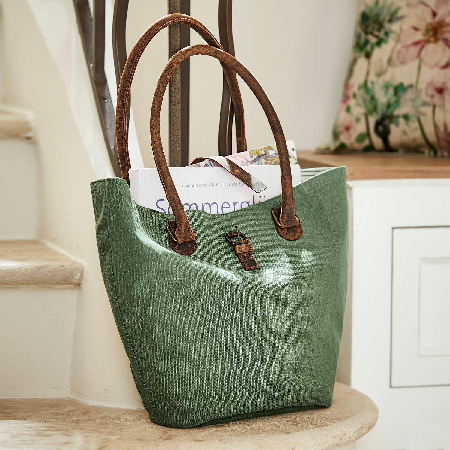 Borsa Ambre Borsa verde in tessuto con manici in pelle marrone, borsa pratica per spesa e libri