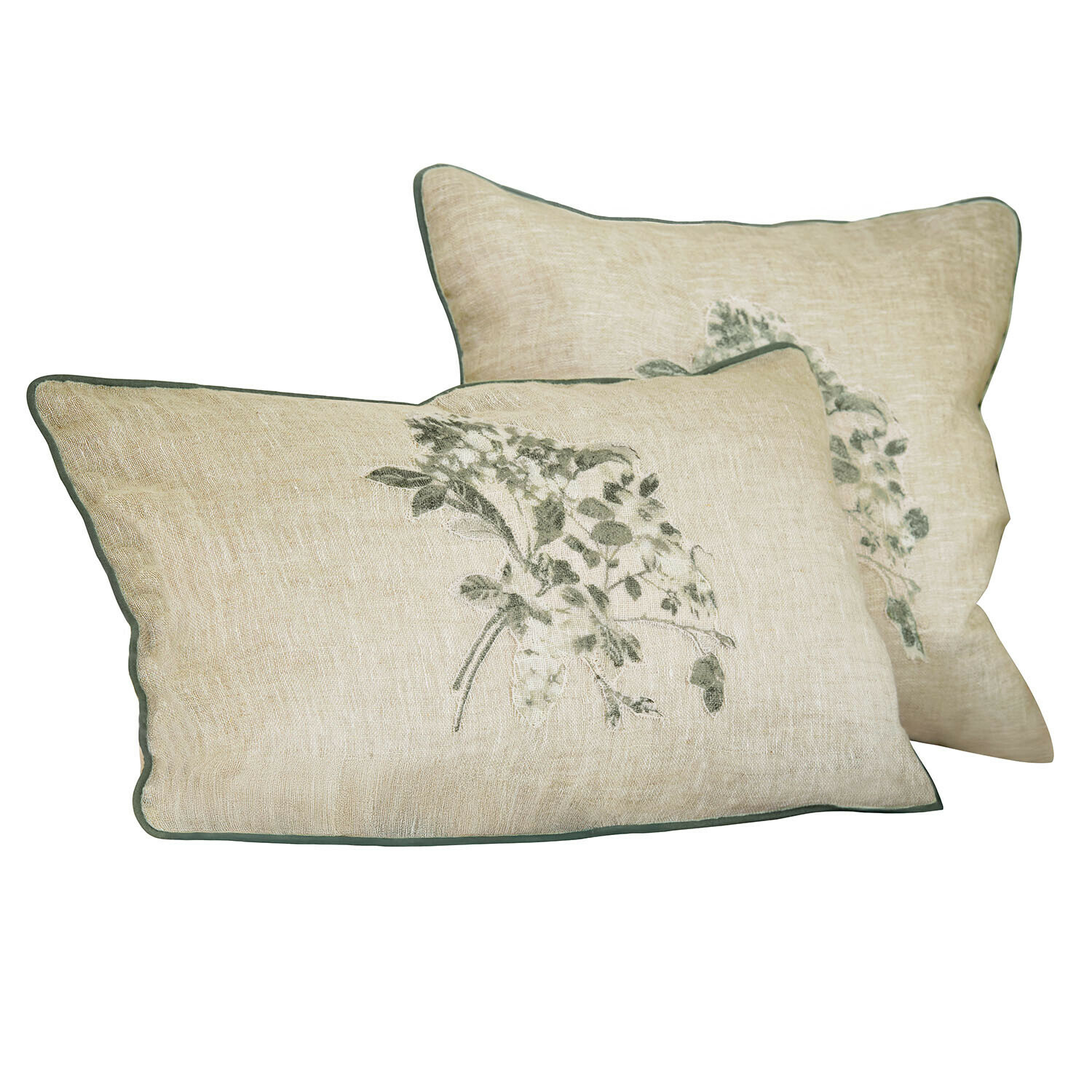 Coppia di copricuscini Chantrelle Cuscino beige in lino con ricamo vegetale verde e bordo verde, decorazione per soggiorno