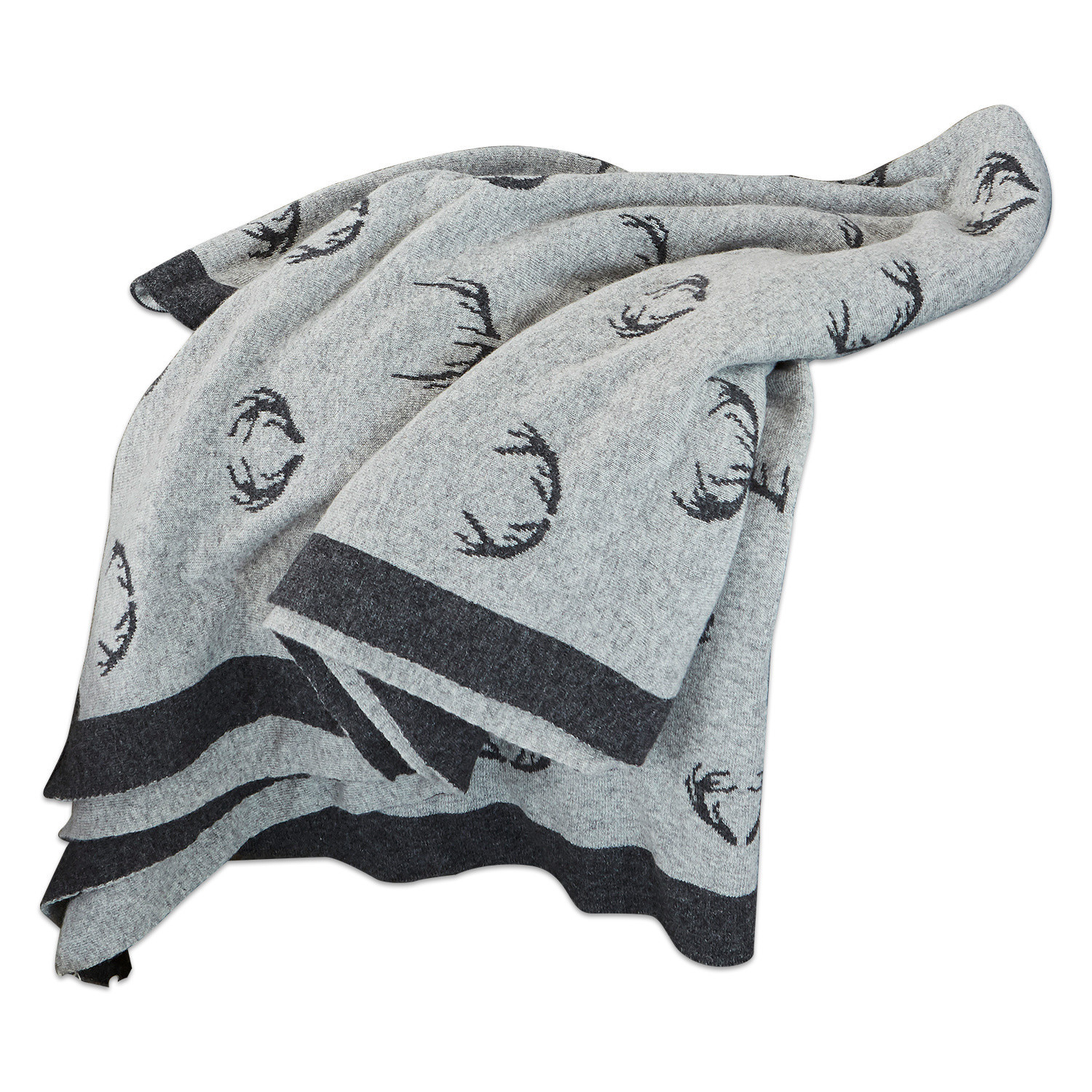 Plaid double face Lodge Coperta grigia con motivo di corna nere e bordo scuro, tessuto morbido per decorazione casa