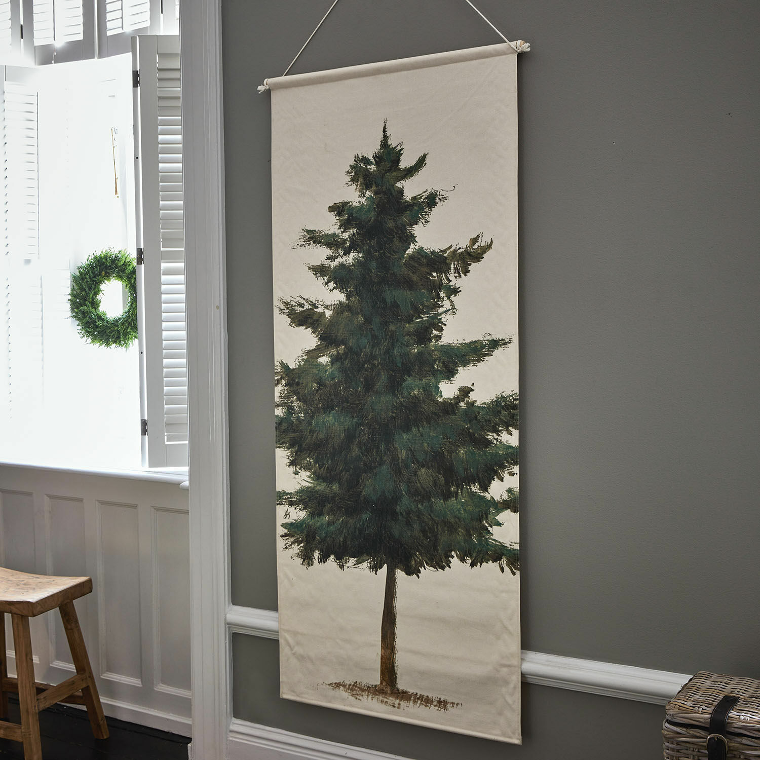 Pannello decorativo Pierrine Tela decorativa con albero di pino verde su sfondo beige per arredamento interno