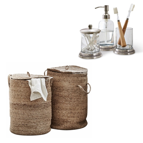Set bagno con cesti in juta e accessori in vetro con dettagli metallici