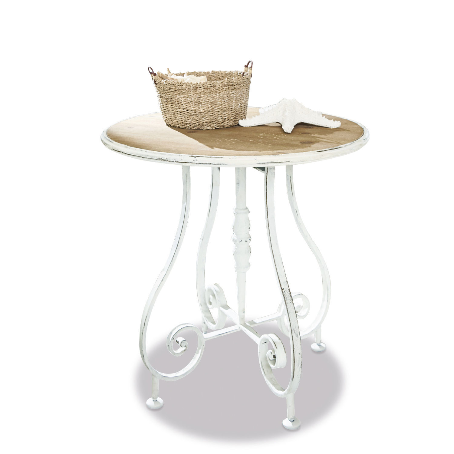 Tavolino di complemento Pordic Tavolo rotondo con gambe in metallo bianco e piano in legno, decorato con cesto e stella marina