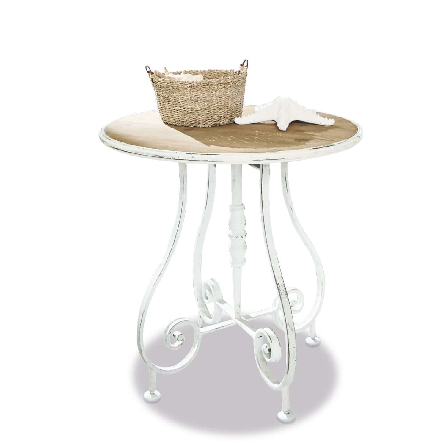 Tavolino di complemento Pordic Tavolo rotondo con gambe in metallo bianco e piano in legno, decorato con cesto e stella marina
