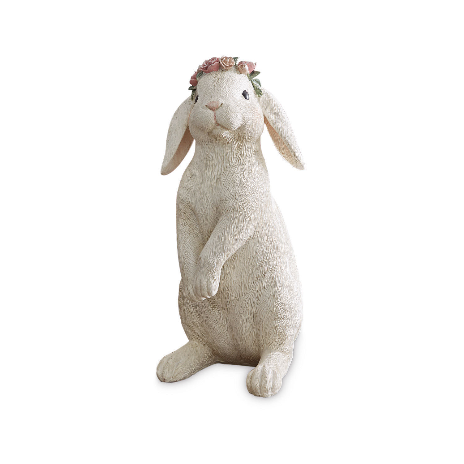Lepre Sweety Figura di coniglio bianco in ceramica con corona di fiori rosa, decorazione primaverile