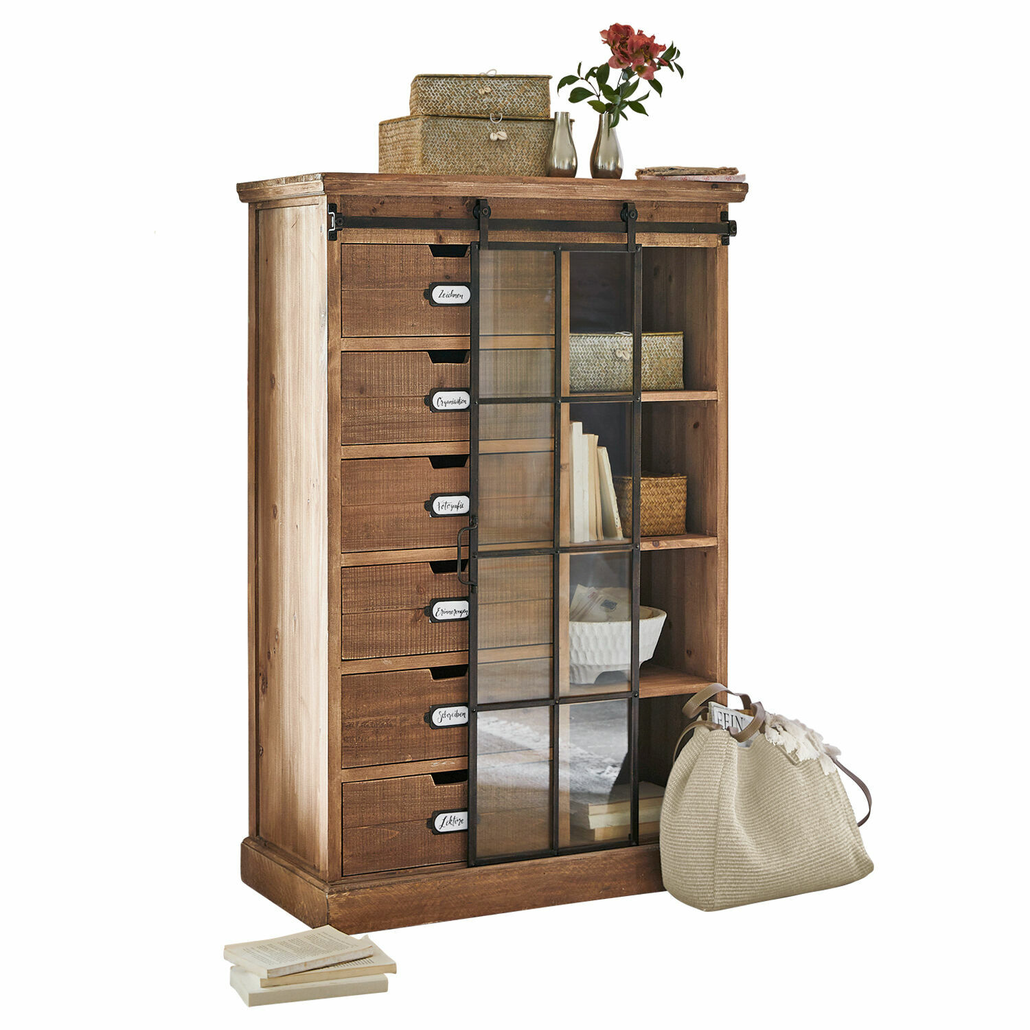 Comò Finegand Comò in legno naturale con cassetti e porta in vetro, mobile contenitore funzionale
