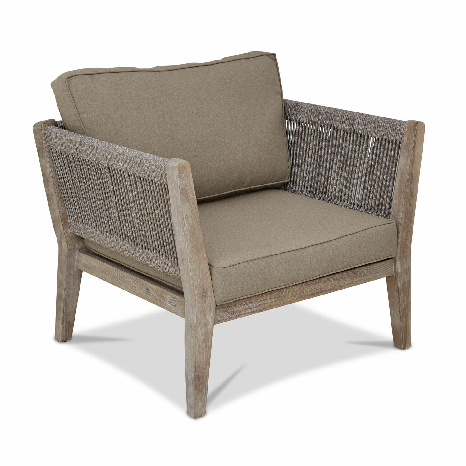 Poltrona 100% FSC® Biarritz Poltrona in legno e tessuto beige con lati intrecciati, mobile confortevole per soggiorno