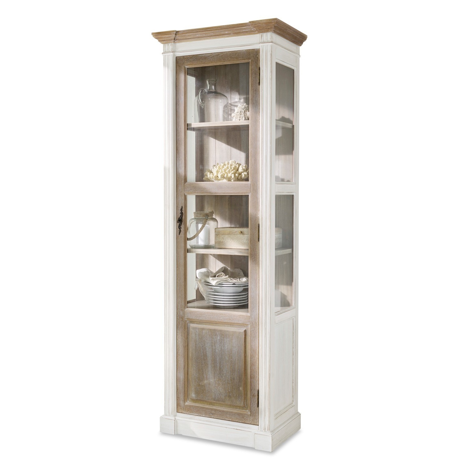 Credenza Coverton Vetrina in legno bianco e naturale con porta in vetro per decorazioni e stoviglie