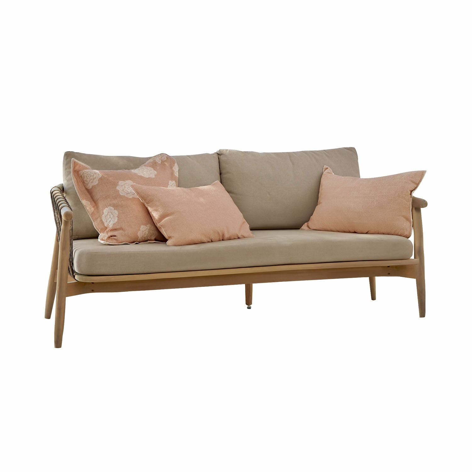 Divano FSC®-100% Thornwick Divano in legno chiaro con cuscini beige e cuscini decorativi rosa per soggiorno accogliente