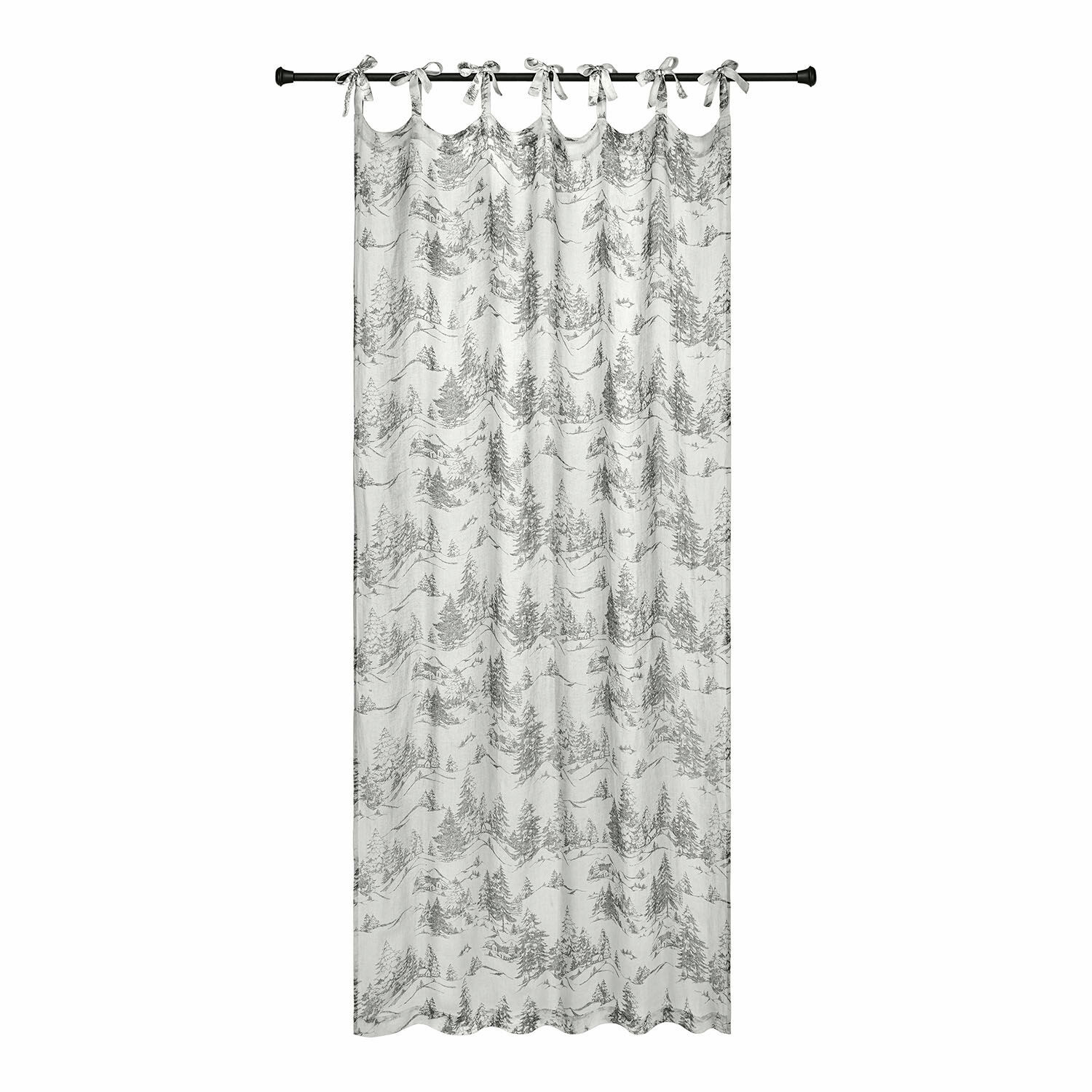 Tenda Héroux Tenda bianca in cotone con stampa grigia di alberi e montagne, tessuto decorativo per interni