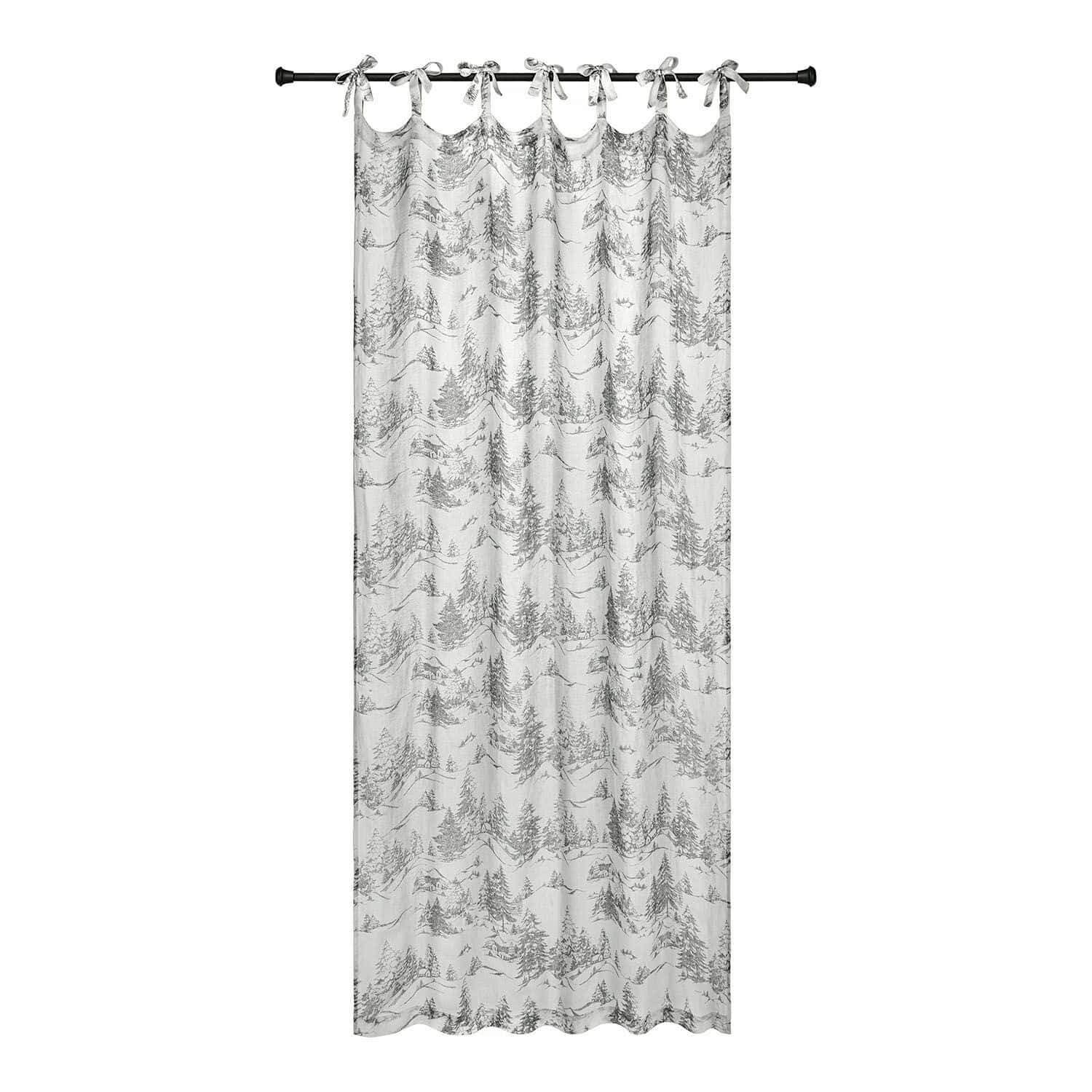 Tenda Héroux Tenda bianca in cotone con stampa grigia di alberi e montagne, tessuto decorativo per interni