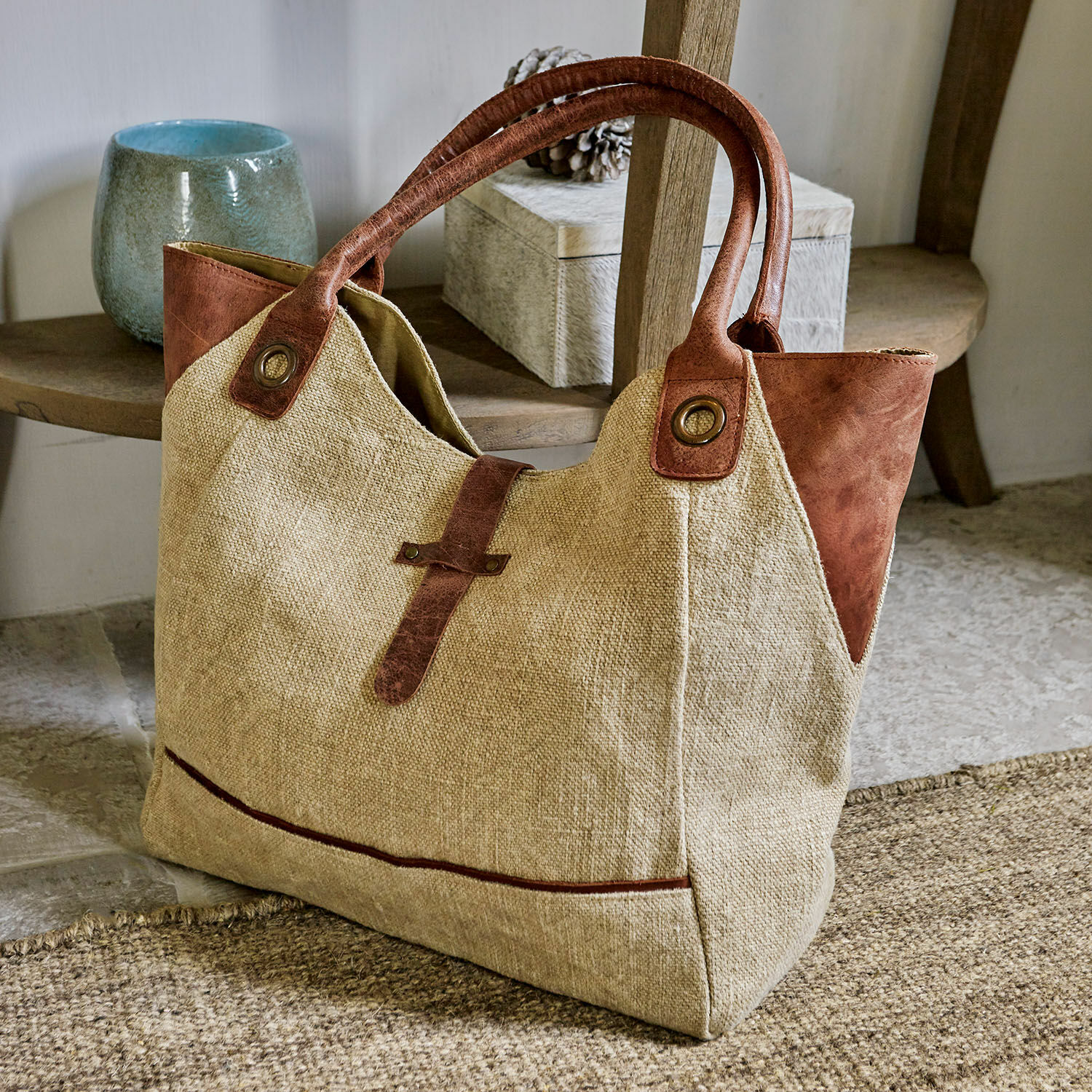 Borsa Valeska Borsa beige in tessuto con dettagli in pelle marrone e manici, borsa pratica per uso quotidiano e spesa