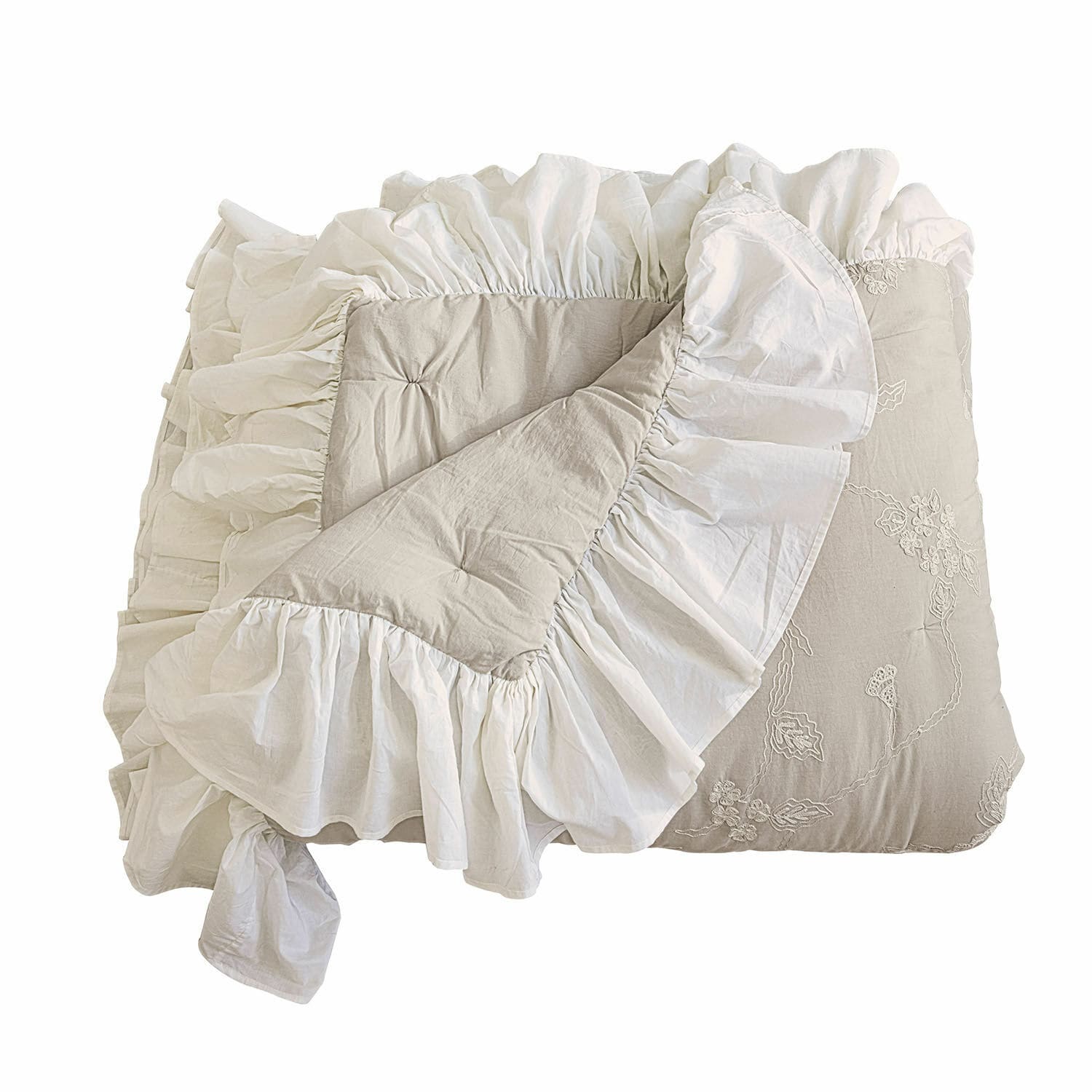 Trapunta Clarissa Coperta beige in cotone con volant bianco e ricamo, biancheria da letto decorativa