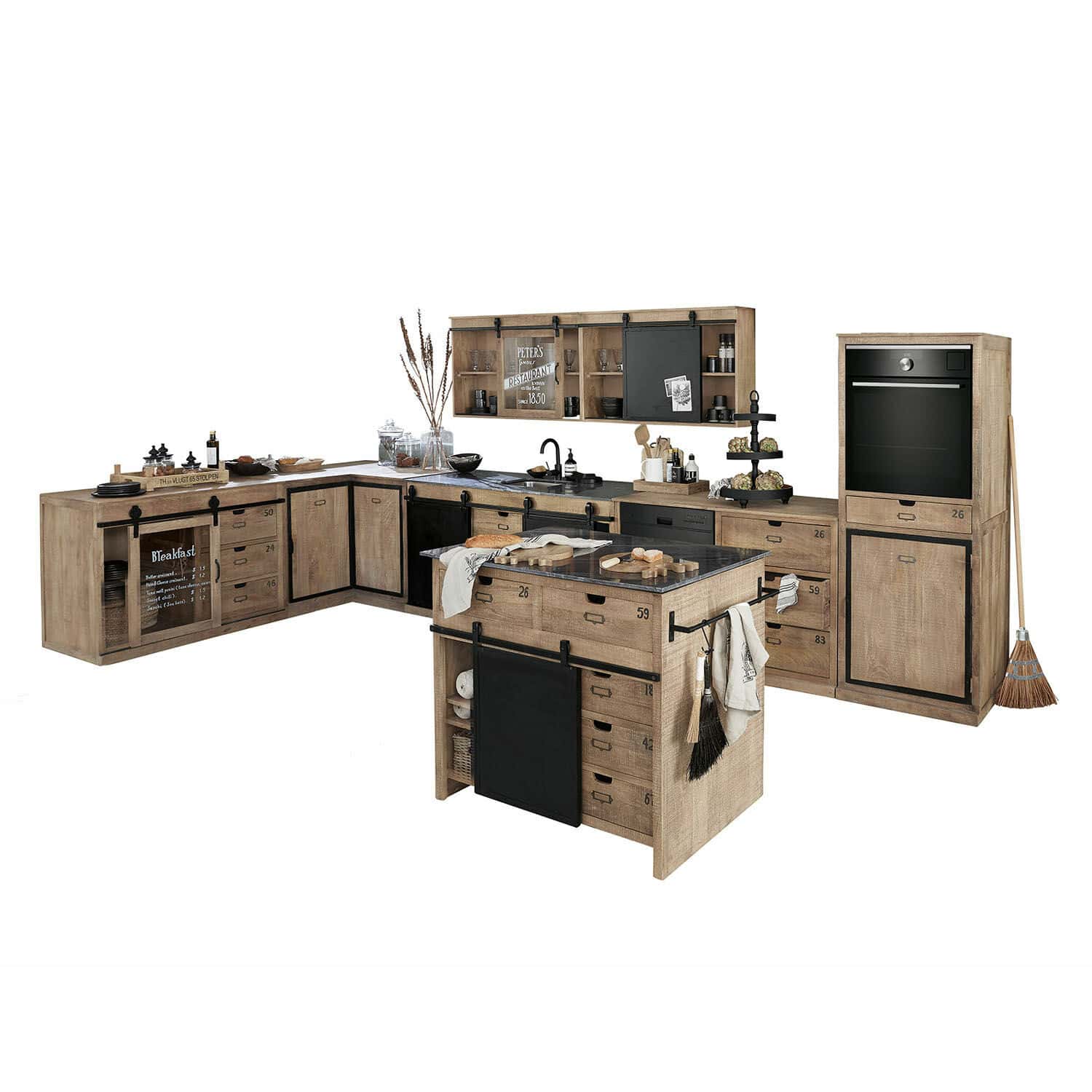 Set di 5 mobili da cucina Oakland Cucina ad angolo in legno naturale con dettagli neri e isola centrale funzionale