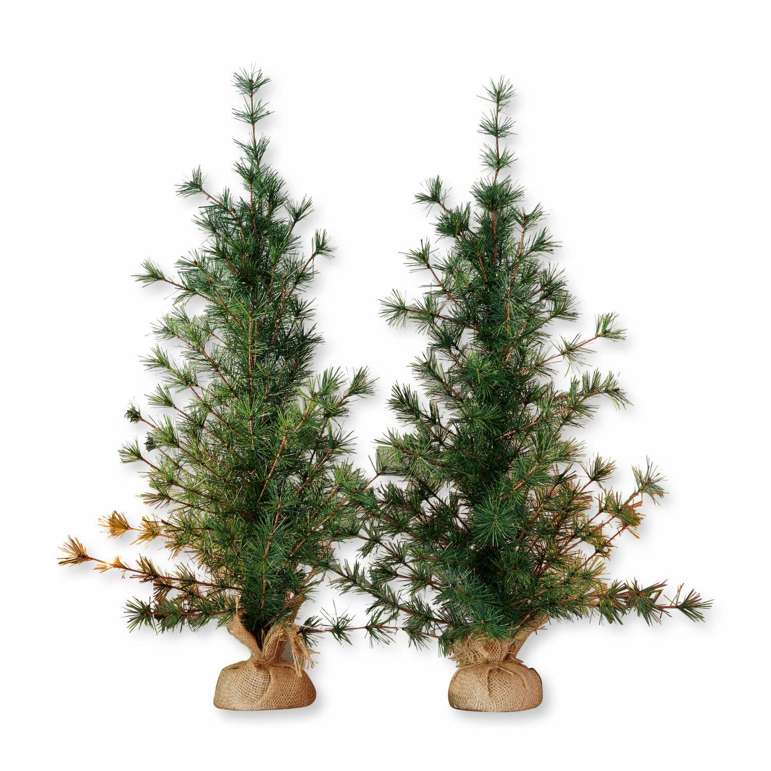 Coppia di alberelli decorativi Bohicon Due piccole piante di pino artificiali verdi con base in juta, decorazione natalizia naturale