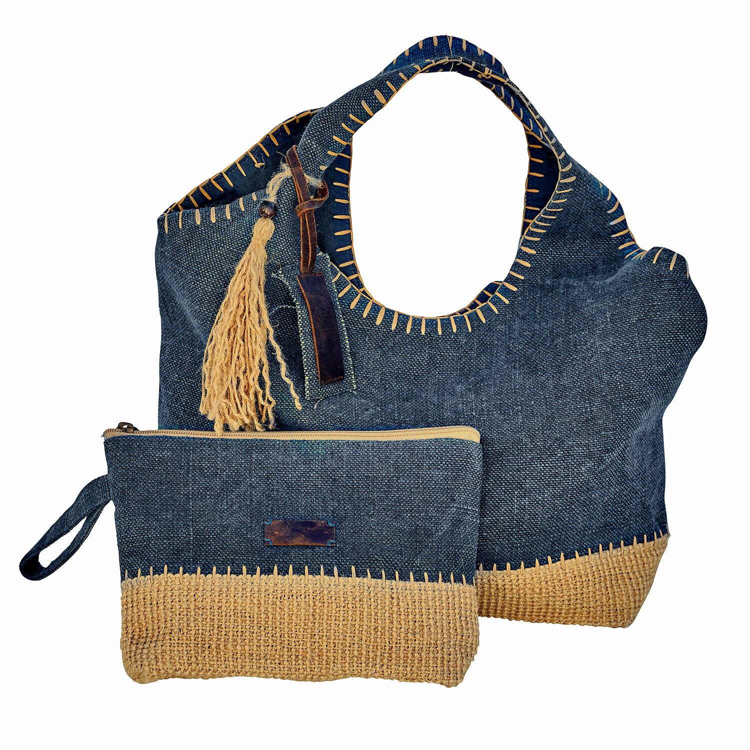 Borsa con astuccio Cacula Borsa e pochette blu navy in tessuto e paglia con nappina decorativa, accessori boho chic