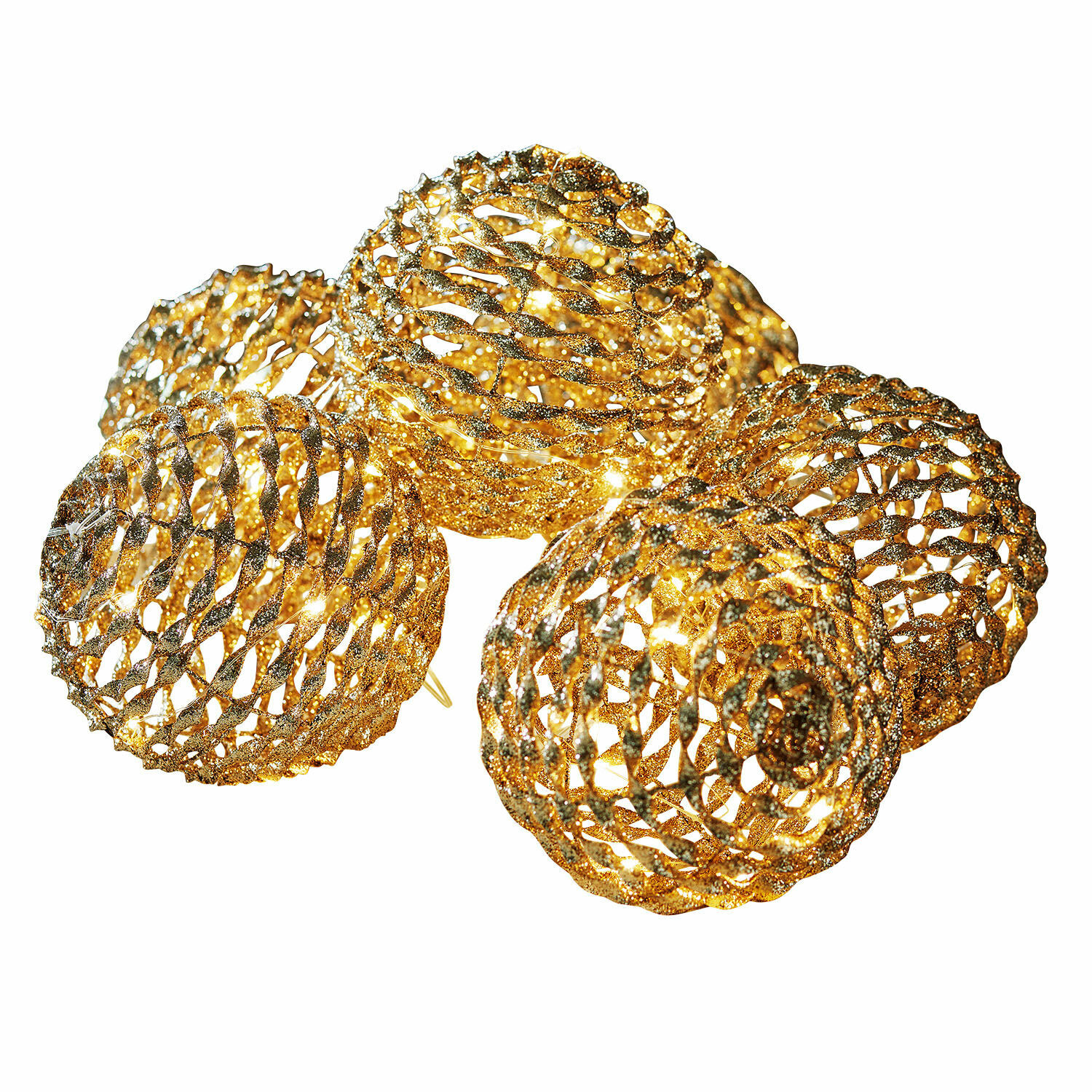 Set di 6 palline luminose a LED Serivane Set di cinque decorazioni luminose in metallo dorato con effetto glitter, perfette per illuminazione festiva