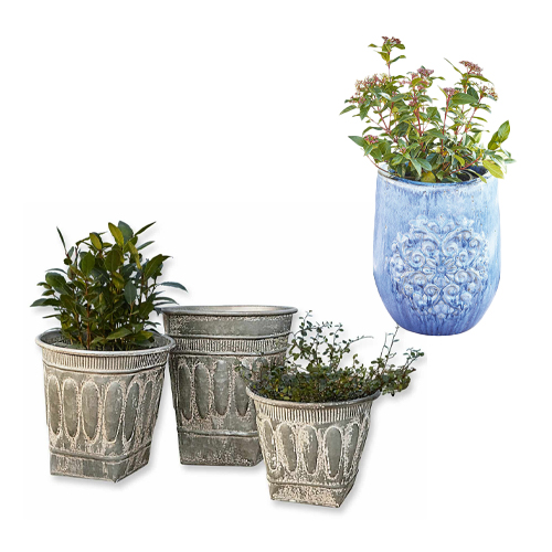 Set di tre vasi in ceramica grigia con piante e un vaso blu con rilievo e pianta verde