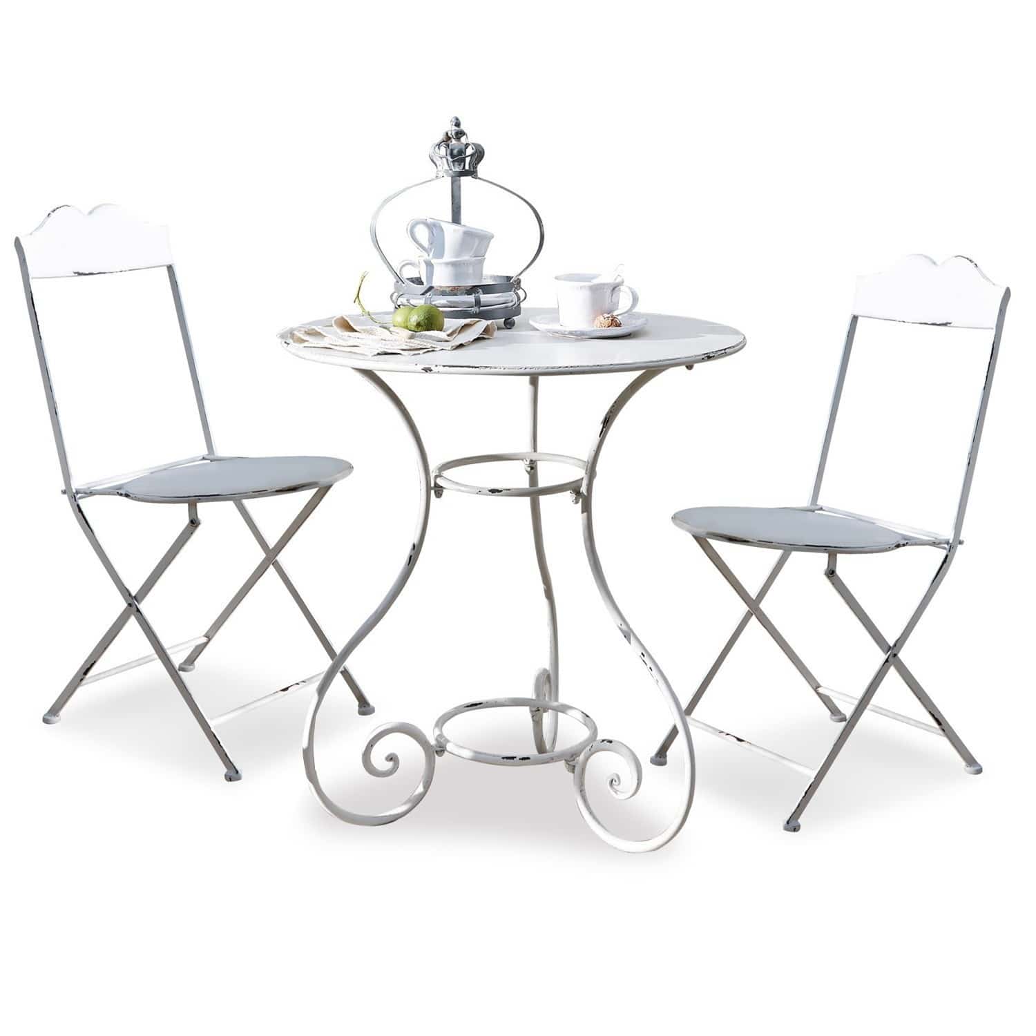 Set tavolino e sedie Iteuil Tavolo rotondo in metallo bianco con due sedie pieghevoli stile vintage per giardino o balcone
