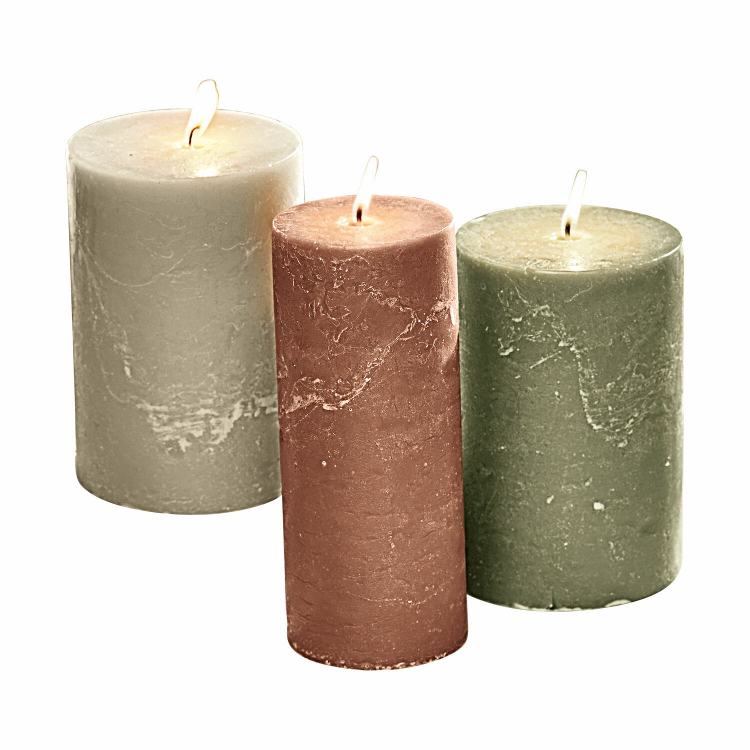 Set di 3 candele Salis Set di tre candele di cera nei colori grigio, rosso e verde per decorazione d'interni