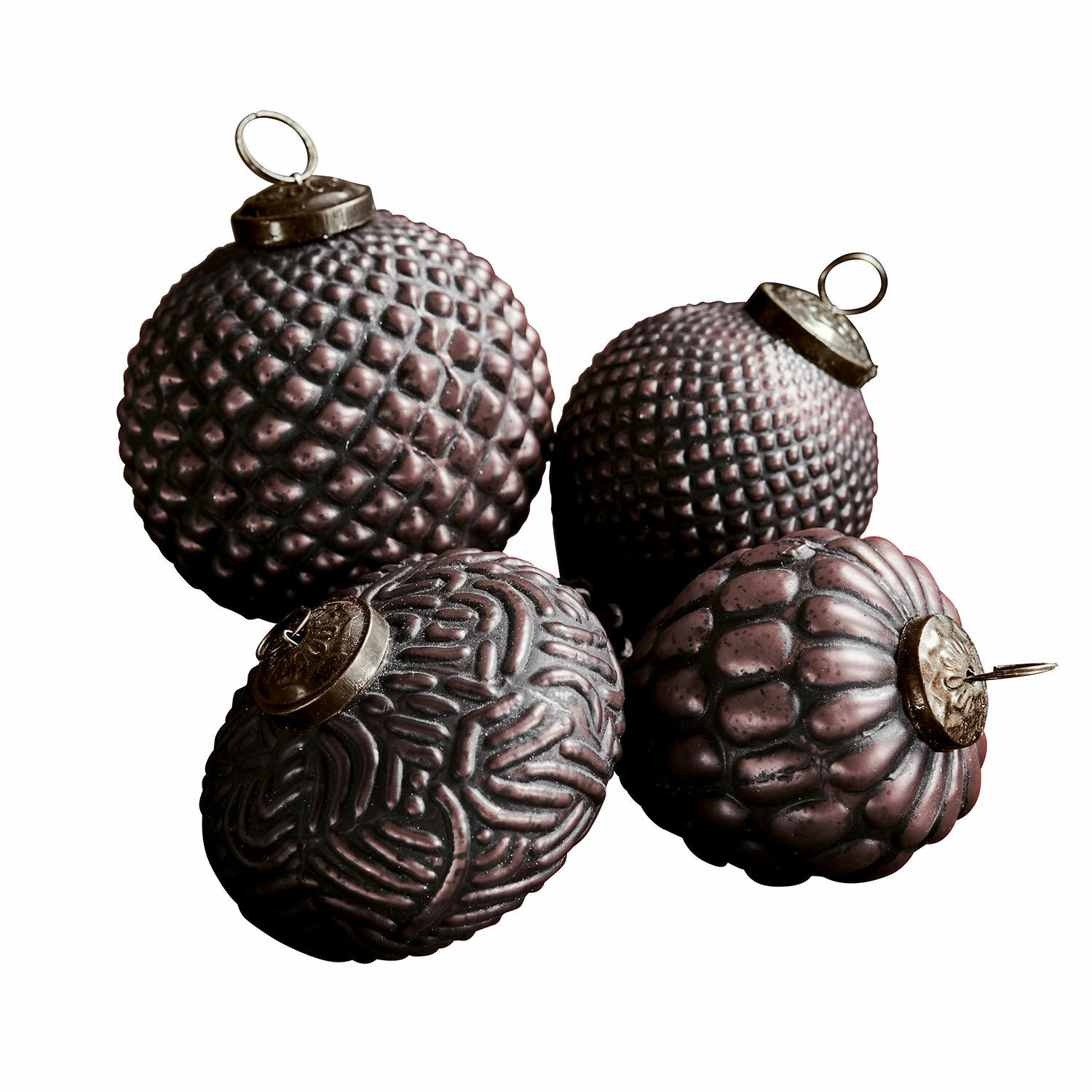 viola Set di 4 decorazioni natalizie viola con texture, ornamenti per albero in metallo e vetro