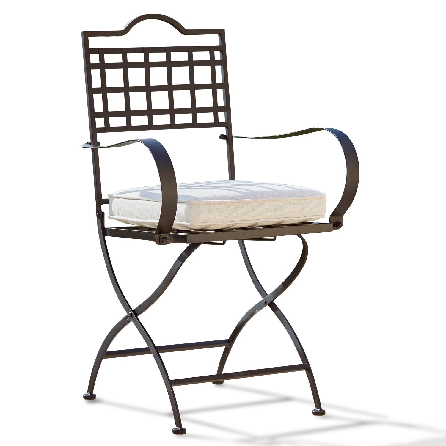 Sedia Tharot Sedia da giardino in metallo marrone con cuscino bianco, ideale per mobili da esterno