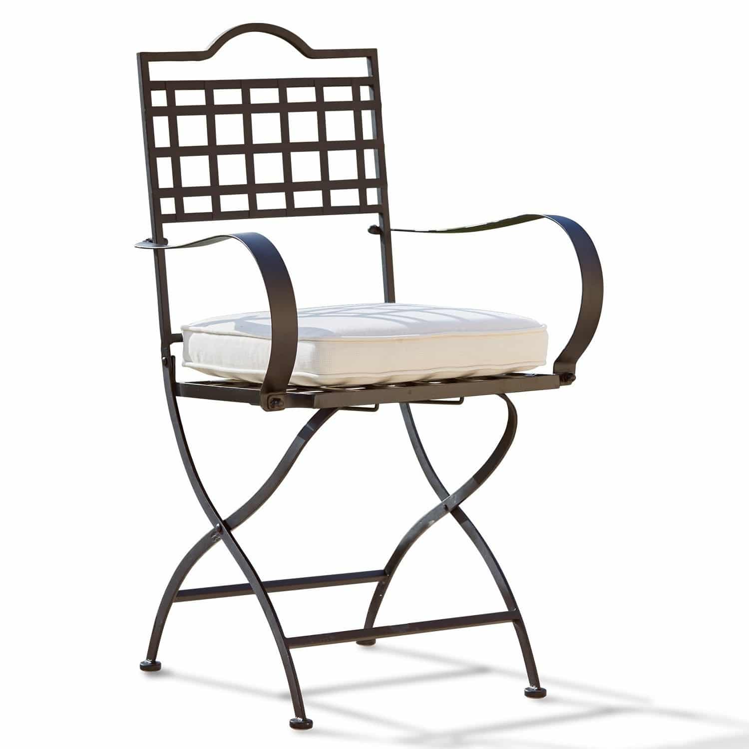 Sedia Tharot Sedia da giardino in metallo marrone con cuscino bianco, ideale per mobili da esterno