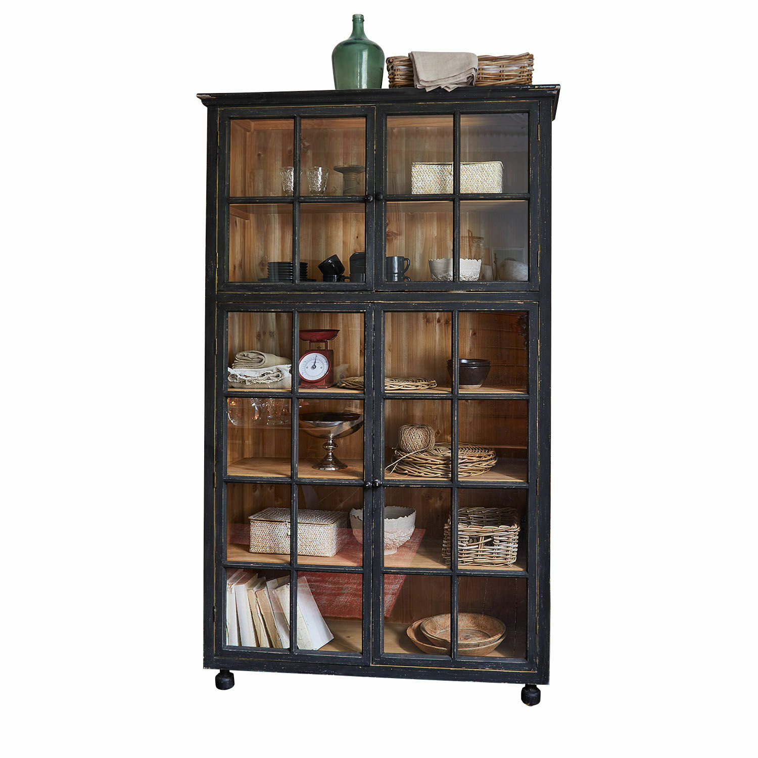Mobile alto Bellac Vetrina in legno nero con ante in vetro e interno naturale, mobile contenitore elegante