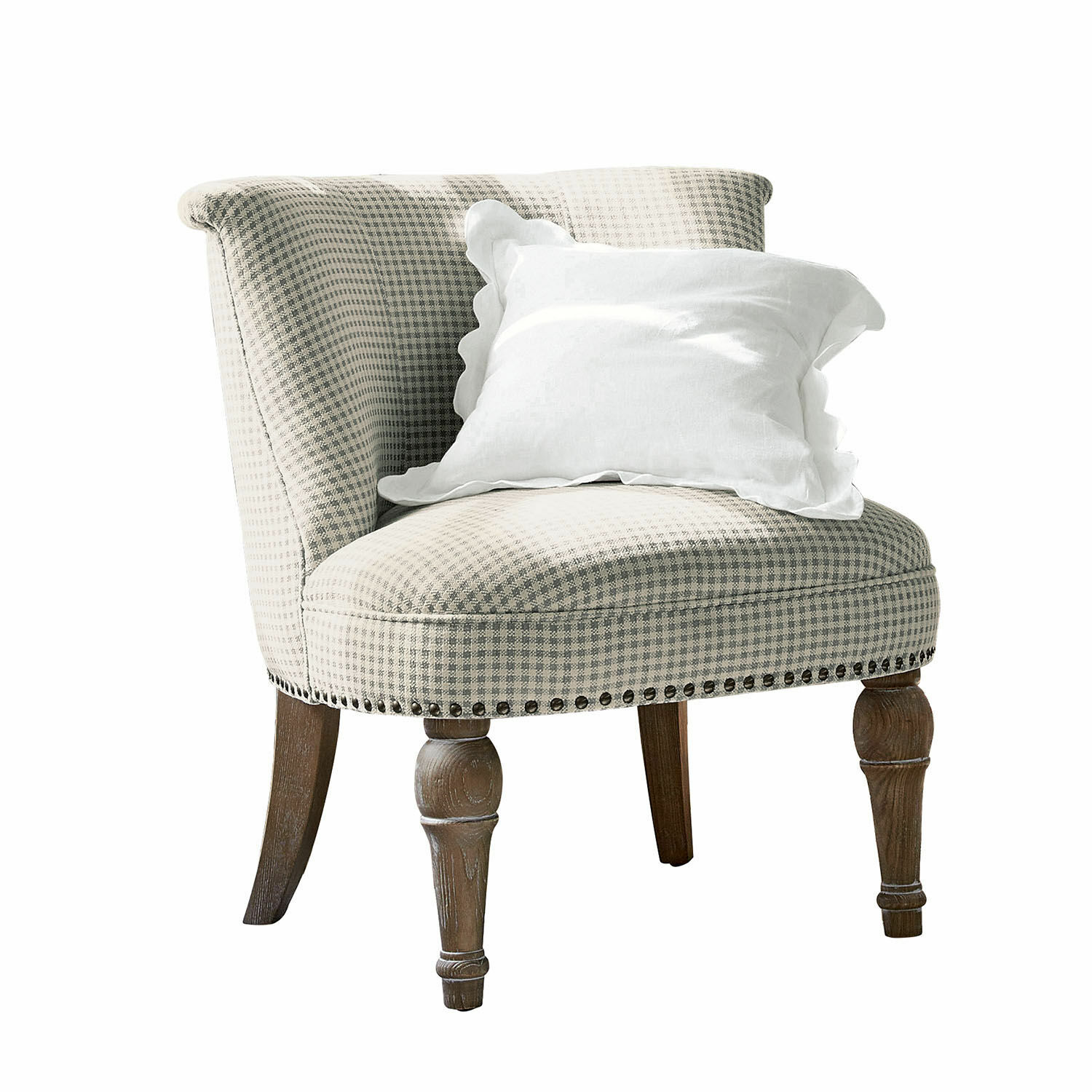 crema/marrone Poltrona Francet in tessuto crema e marrone a quadri con gambe in legno e cuscino bianco