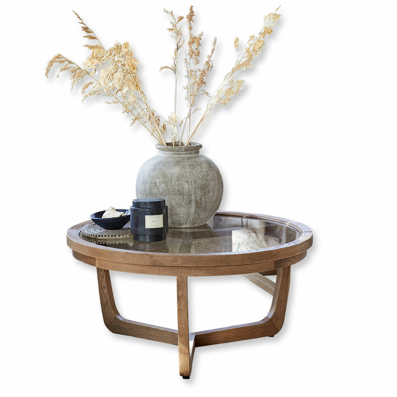 Tavolino da salotto Gradn Enclos Tavolino rotondo in legno e vetro con vaso decorativo e fiori secchi in tonalità naturali