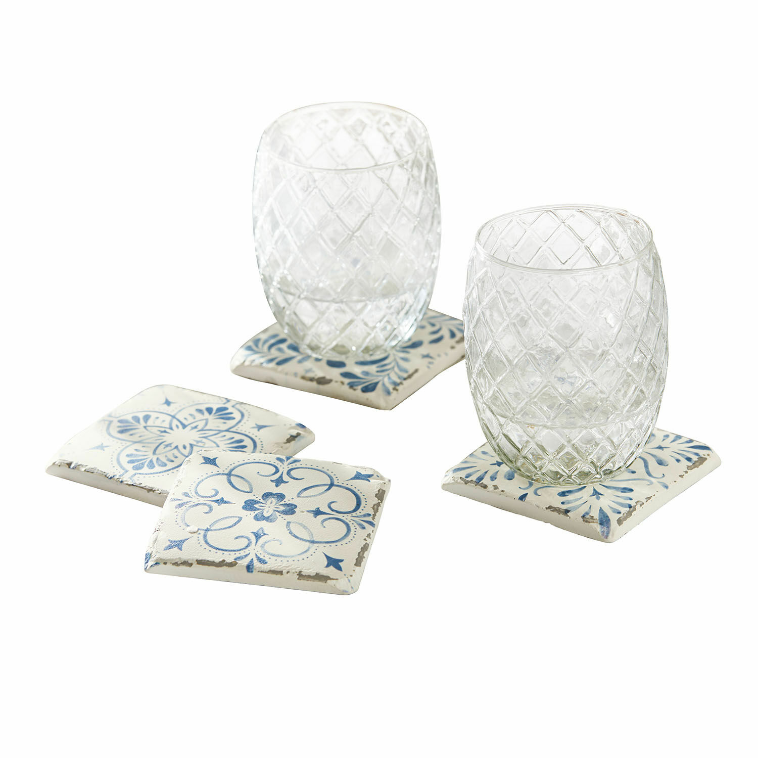 Set di 4 sottobicchieri Évry Set di sottobicchieri in ceramica bianca e blu con motivo decorativo, ideale per la casa
