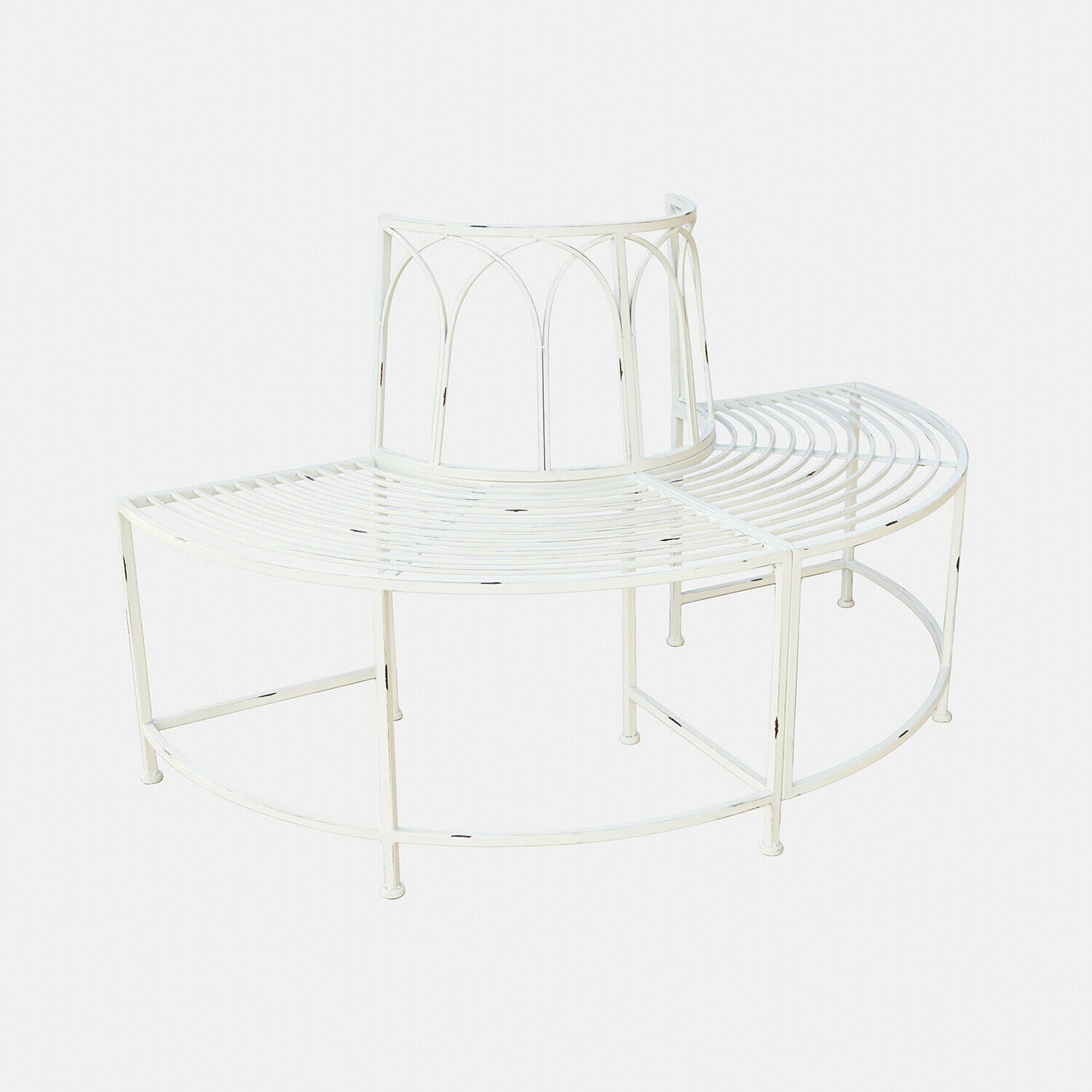 Panchina Sherburne Panchina da giardino in metallo bianco con schienale semicircolare e archi decorativi, arredo esterno