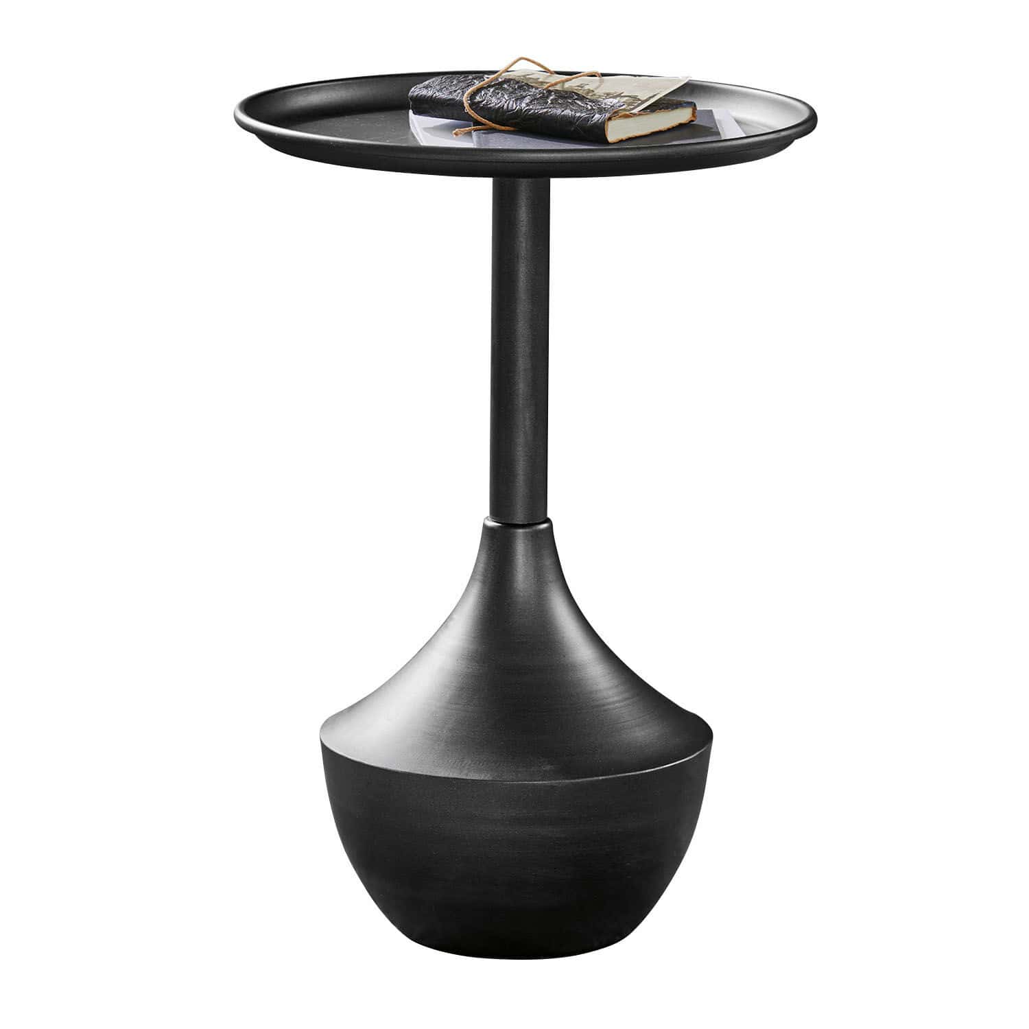 Tavolino nero in metallo dal design moderno con superficie liscia, ideale per il soggiorno