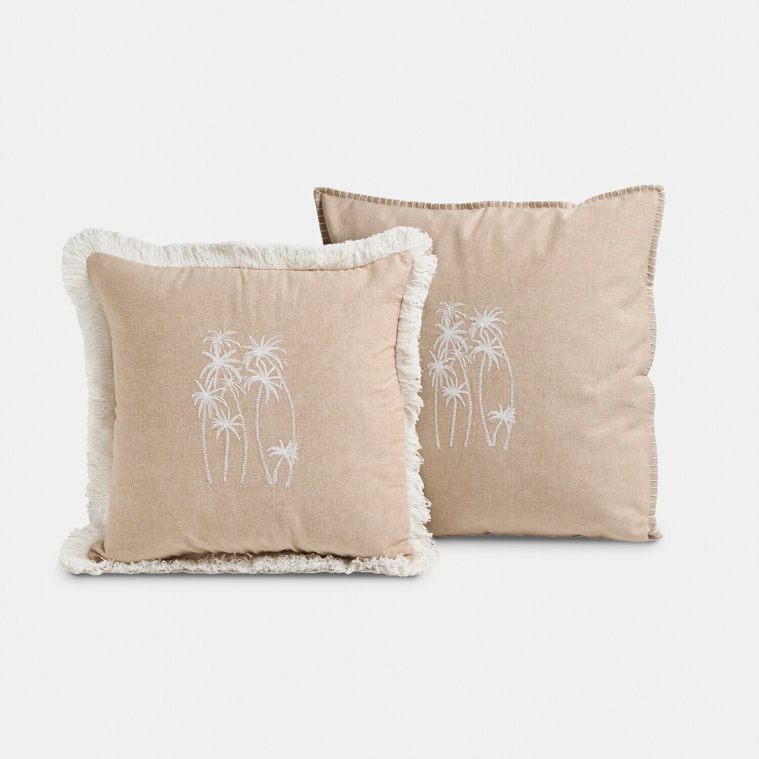 Coppia di copricuscini Windlake Cuscini decorativi beige in tessuto morbido con ricamo bianco di palme e frange