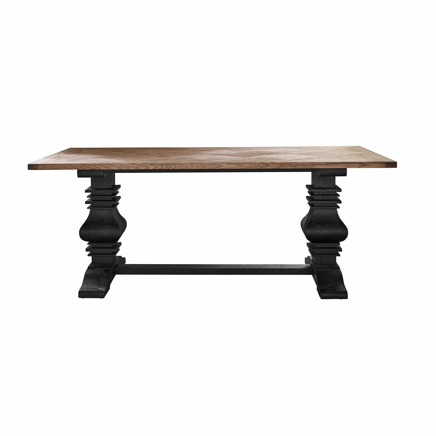 Tavolo Quillancourt Tavolo in legno massiccio con piano chiaro e gambe nere intagliate, mobile da pranzo