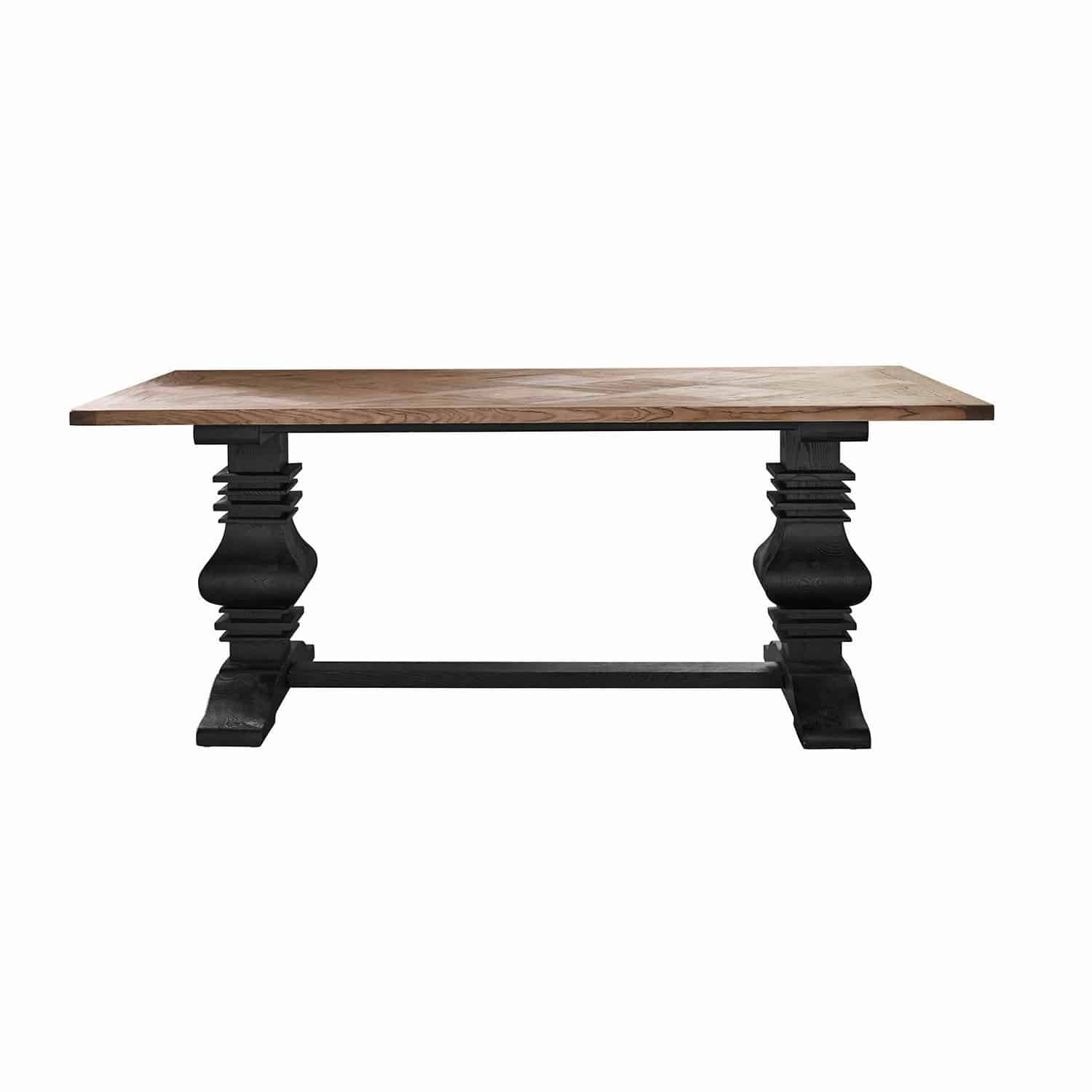 Tavolo Quillancourt Tavolo in legno massiccio con piano chiaro e gambe nere intagliate, mobile da pranzo