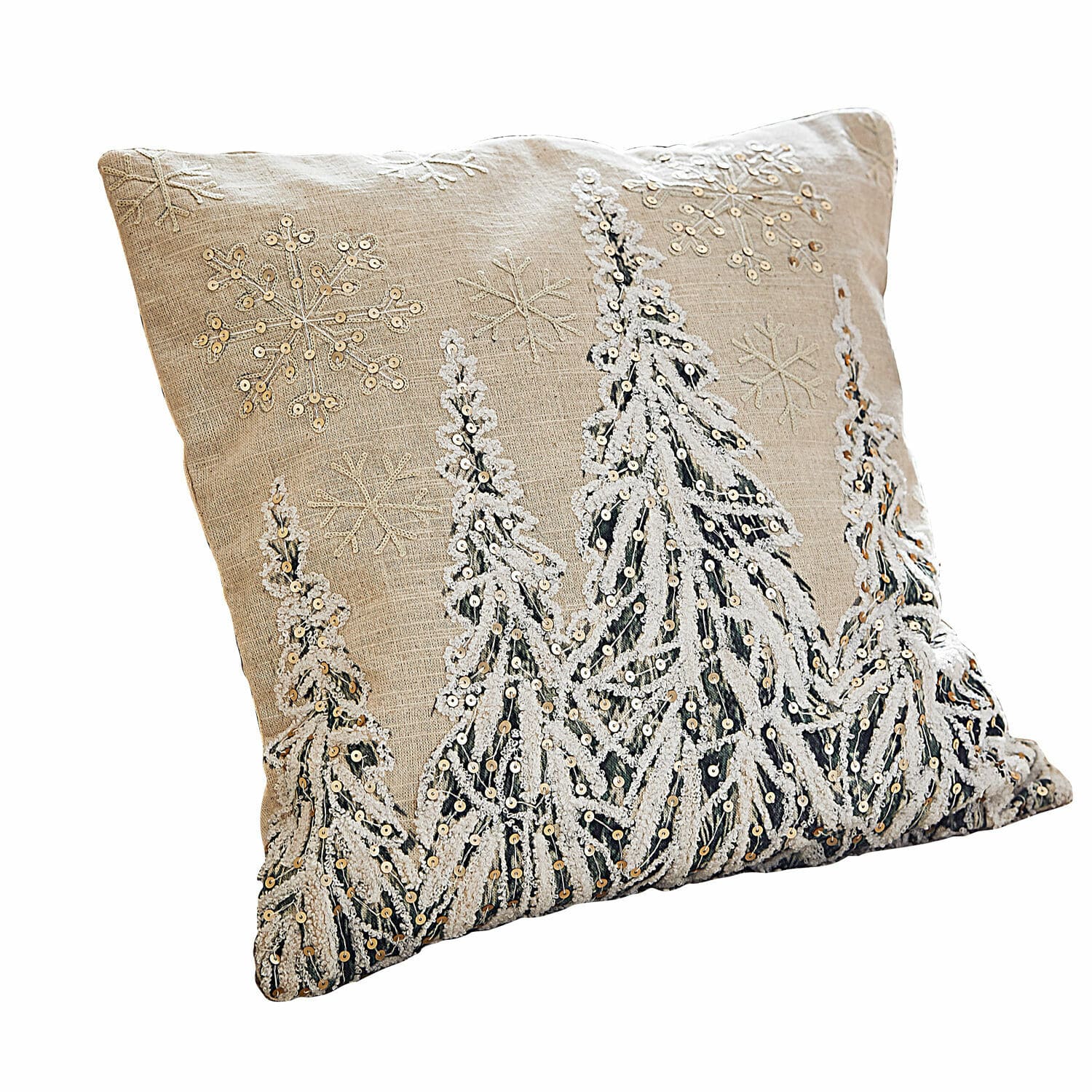 Copricuscino Cartagne Cuscino beige in lino con ricami di fiocchi di neve e alberi di Natale con paillettes, decorazione invernale