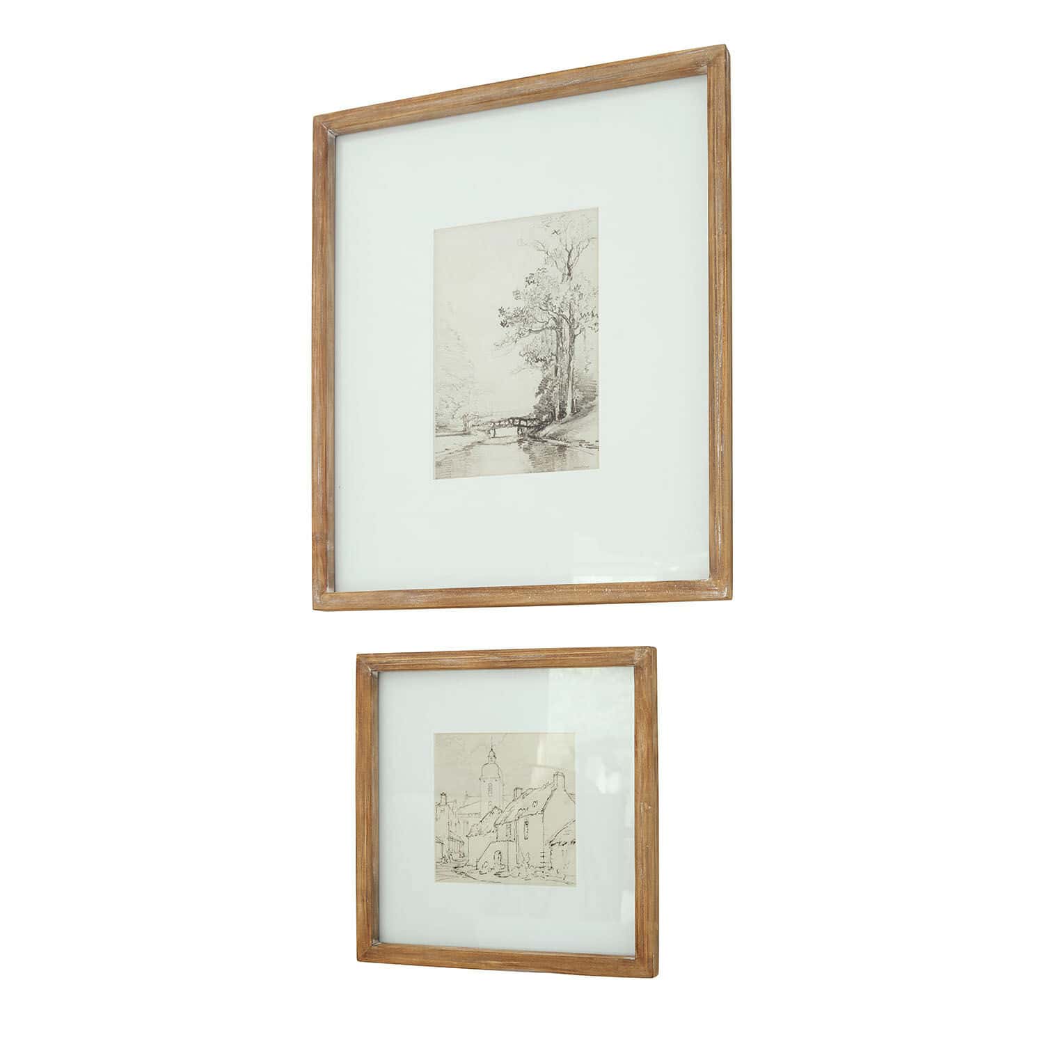 Coppia di quadri Juvarel Due cornici in legno con passepartout bianco e schizzi vintage di paesaggi per decorazione da parete