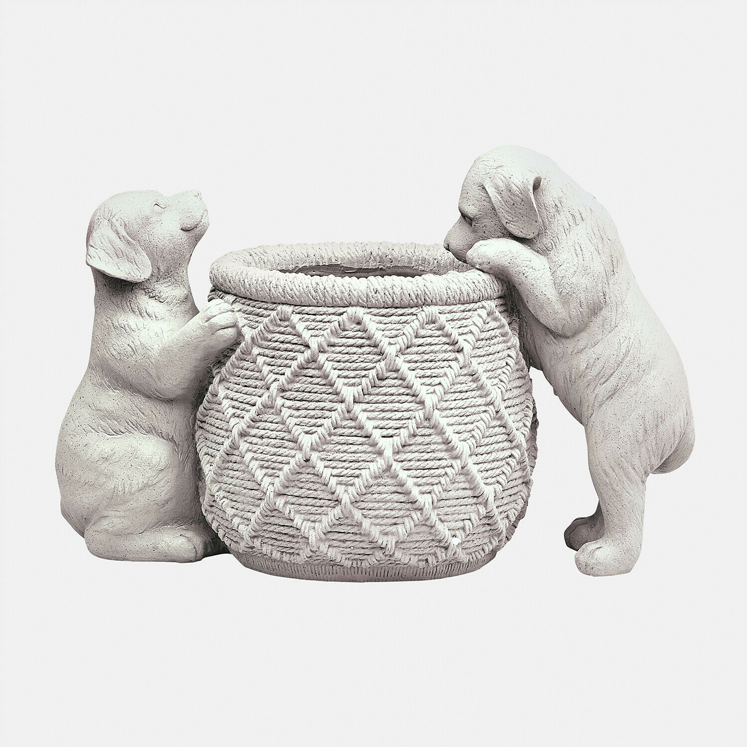 Vaso decorativo in resina bianca con due cuccioli che tengono un cesto con motivo intrecciato