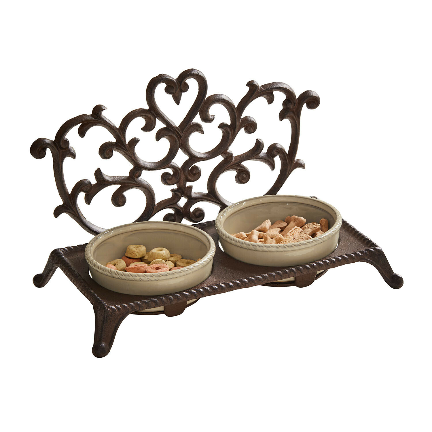 Supporto per ciotole Pawilo Doppia ciotola in ceramica su supporto metallico marrone decorativo per alimentare animali domestici
