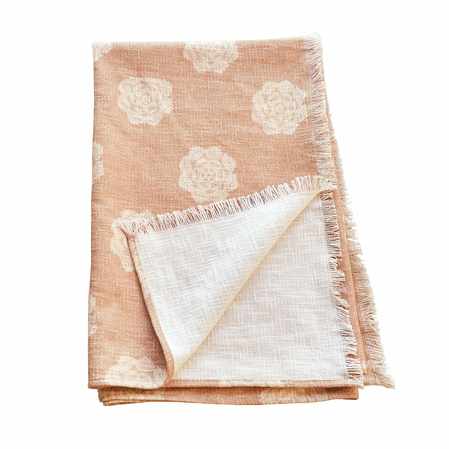 Plaid Belvienne Tovaglia in lino beige con motivo floreale bianco e frange, decorazione elegante per tavolo