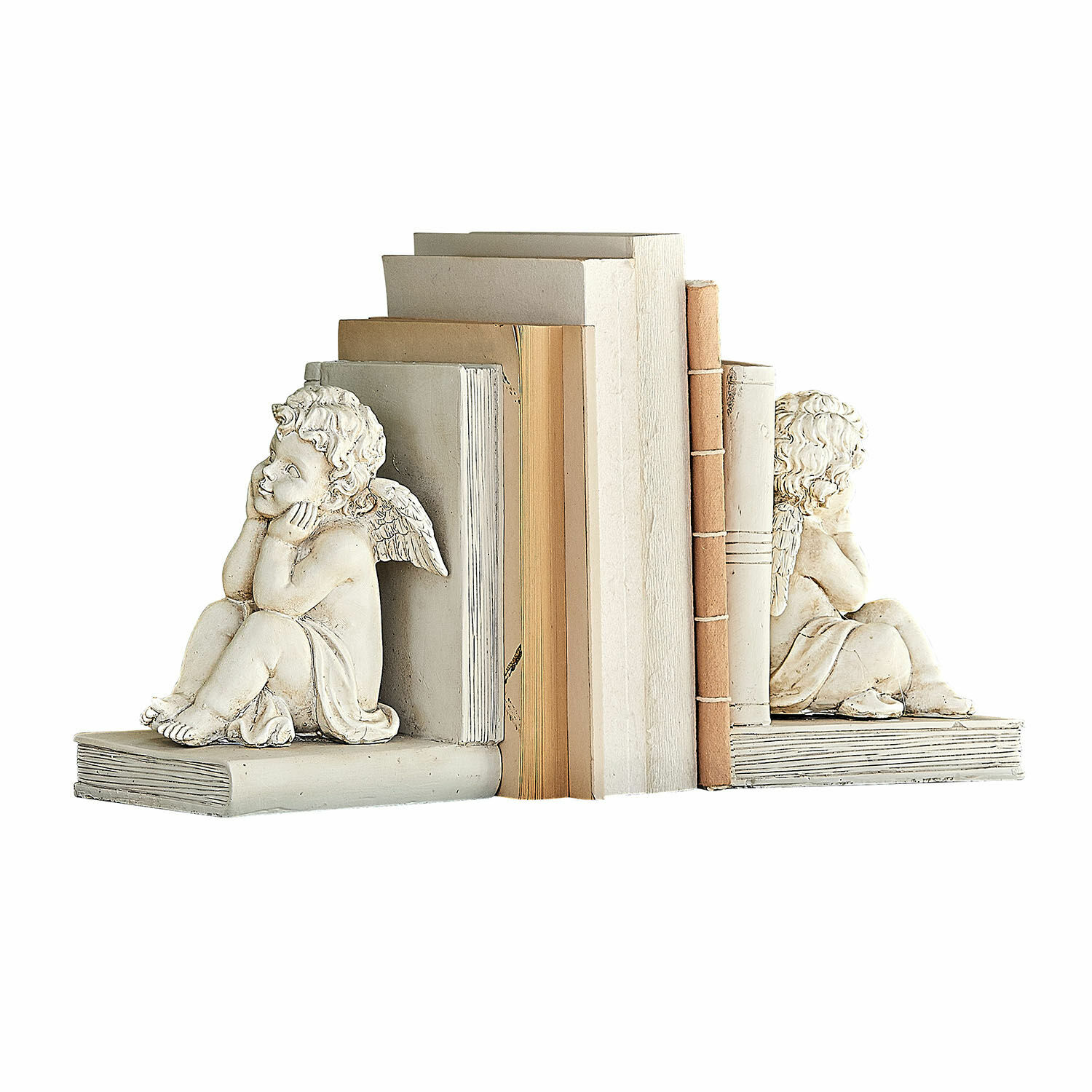 Coppia di reggilibri Yrene Fermalibri bianchi in pietra con angeli decorativi, pratici per organizzare i libri