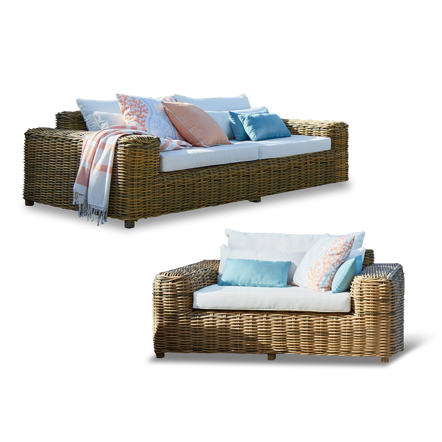 Salottino Camas Set di mobili da giardino in rattan naturale con cuscini bianchi e fodere colorate
