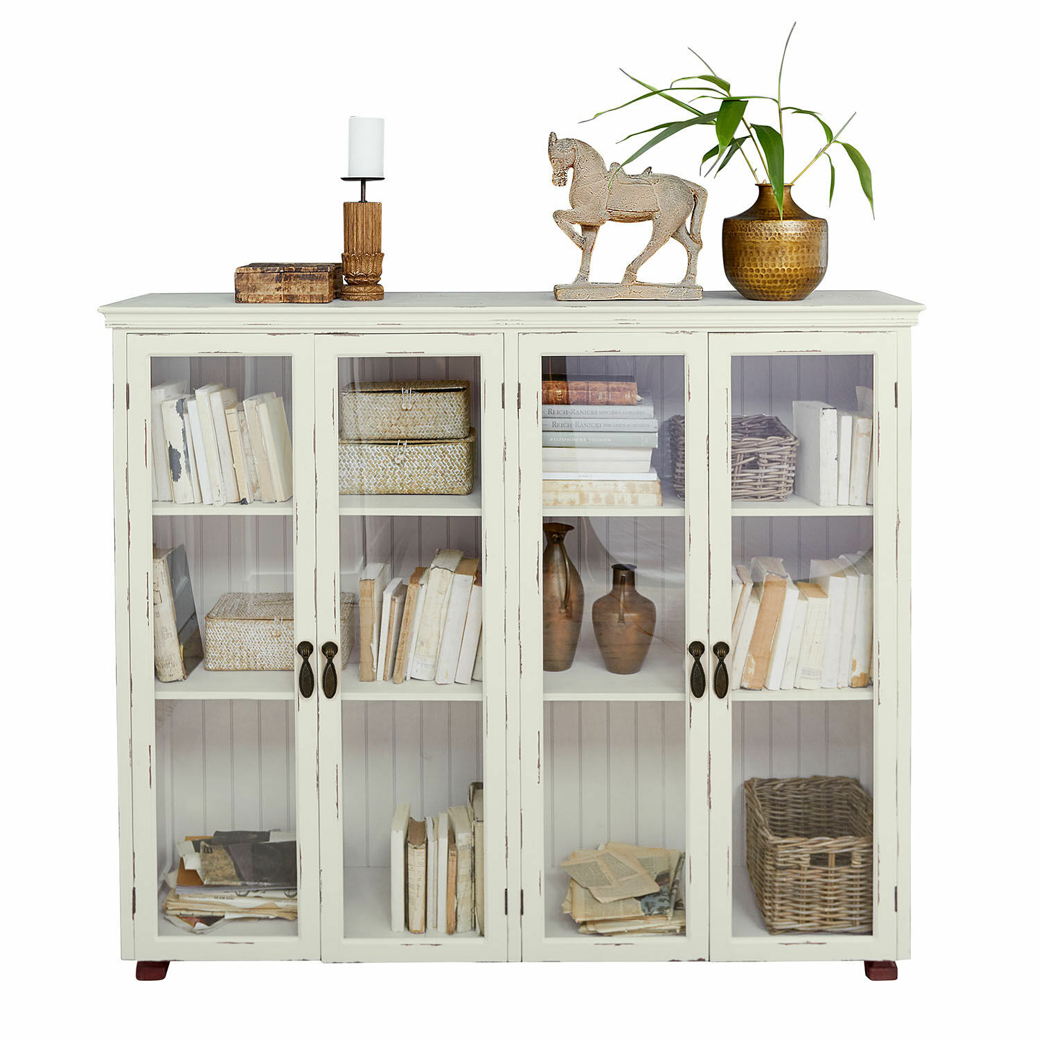 Vetrina Eastbridge Vetrina in legno bianco con ante in vetro e decorazioni sopra per soggiorno