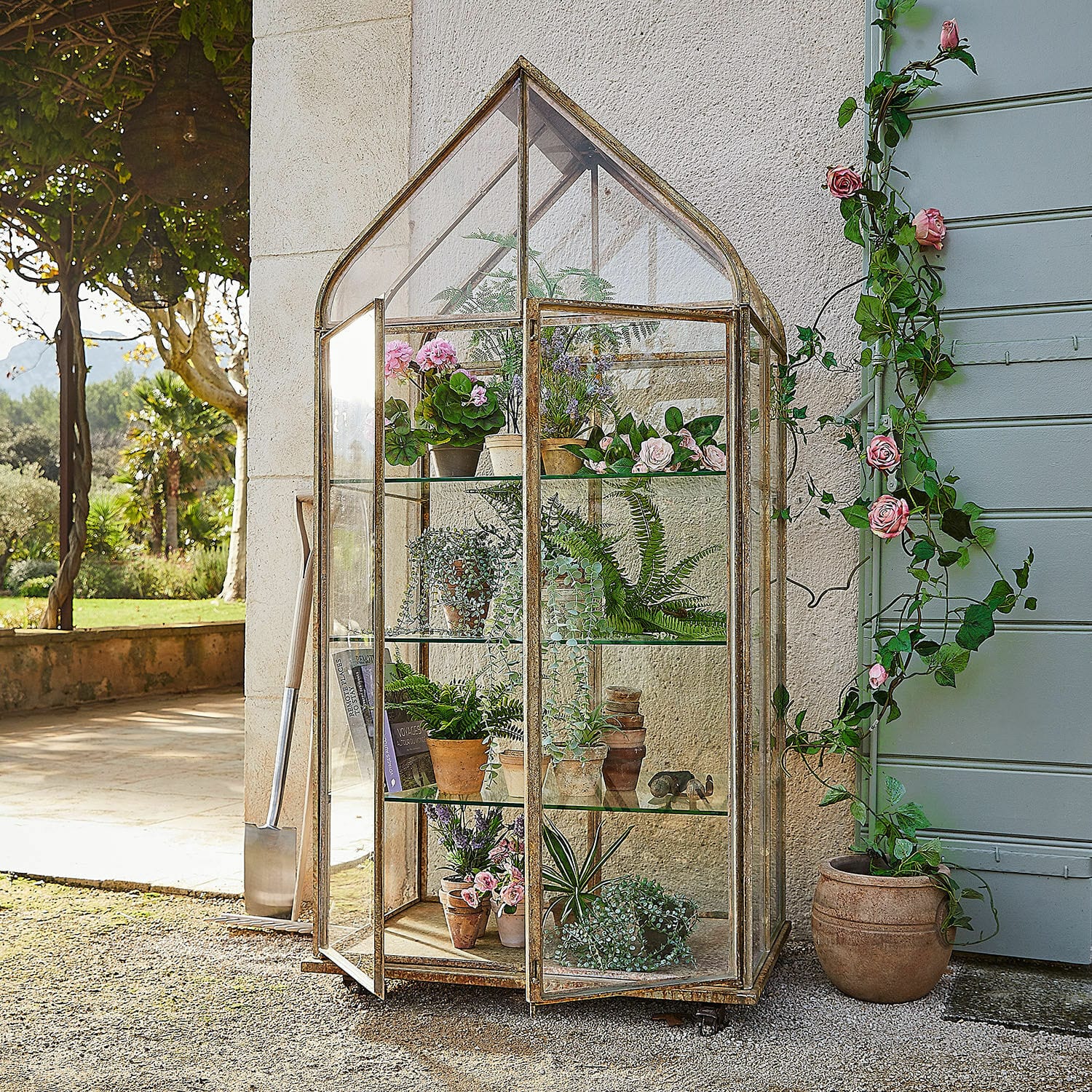 Serra Belfaux Serra da giardino vintage in metallo e vetro con piante in vaso e fiori decorativi.