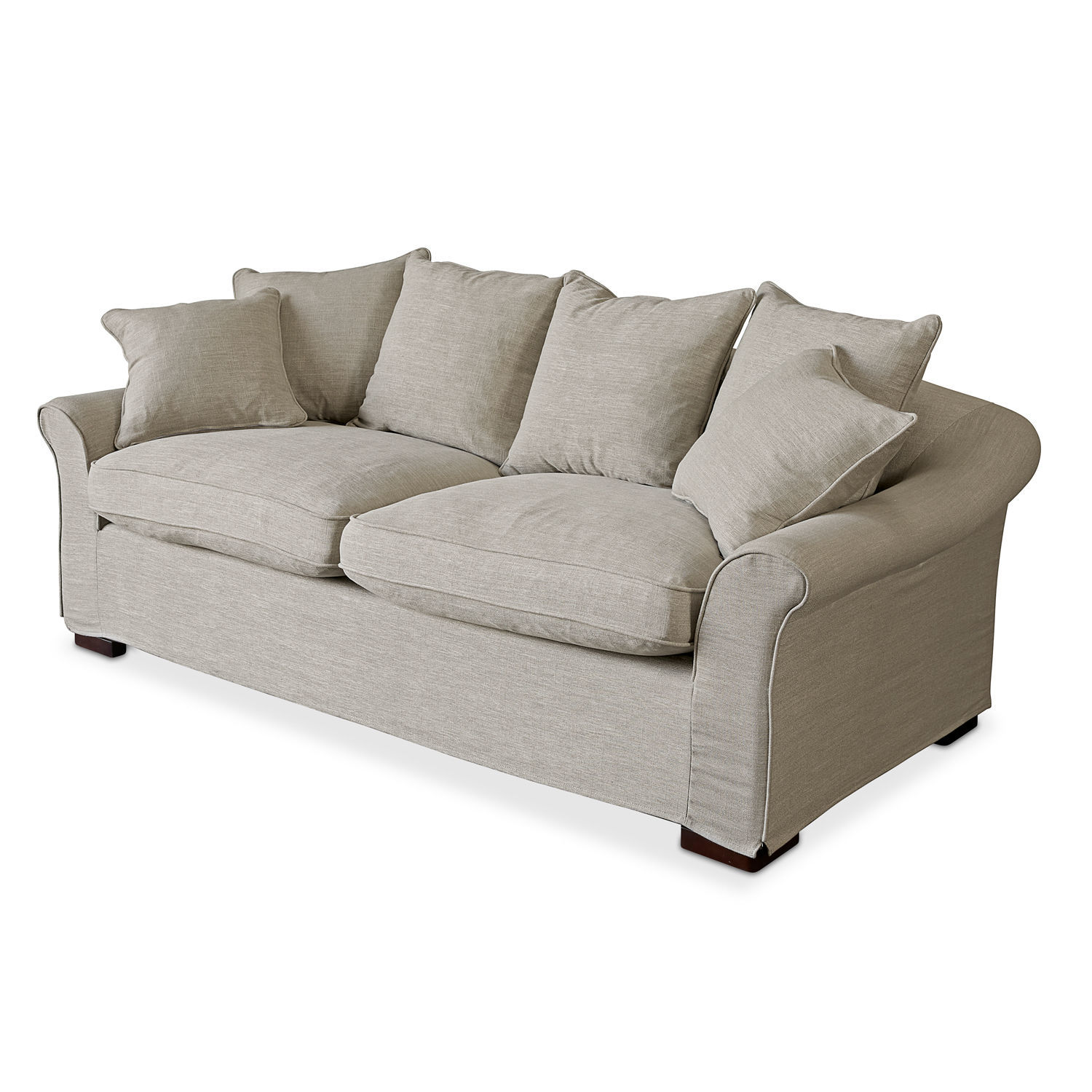 Divano Long Beach Divano beige rivestito con cuscini morbidi e gambe in legno, mobile confortevole per soggiorno