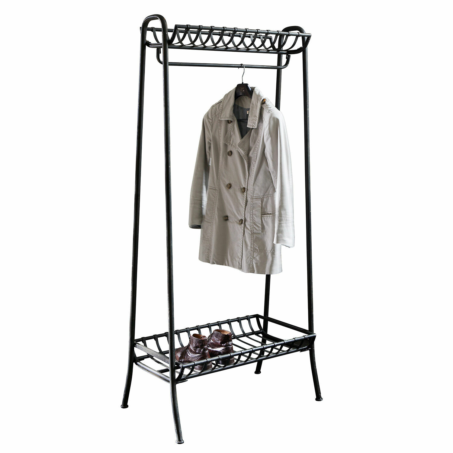 Appendiabiti Downey Appendiabiti in metallo nero con ripiano per scarpe e cappotto beige, mobile pratico per ingresso