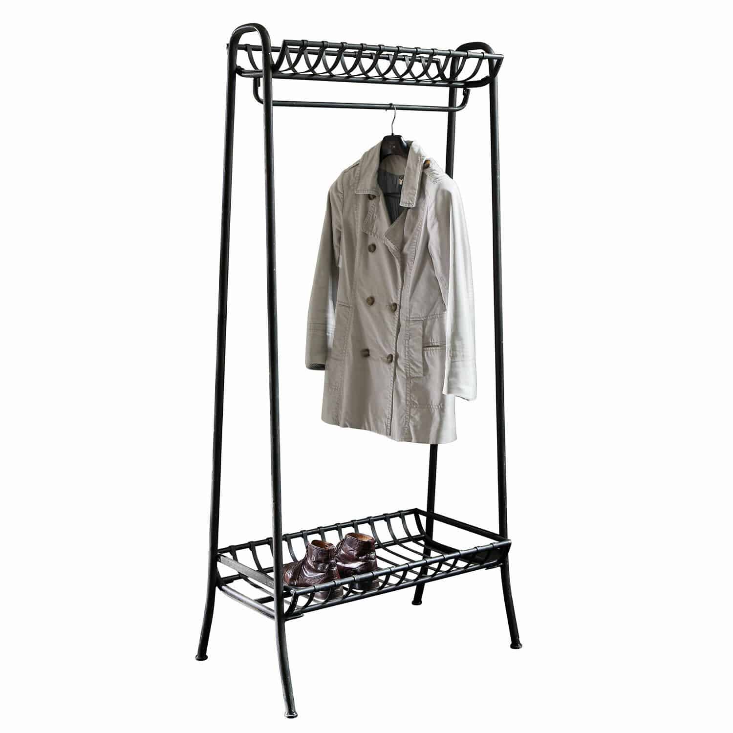 Appendiabiti Downey Appendiabiti in metallo nero con ripiano per scarpe e cappotto beige, mobile pratico per ingresso